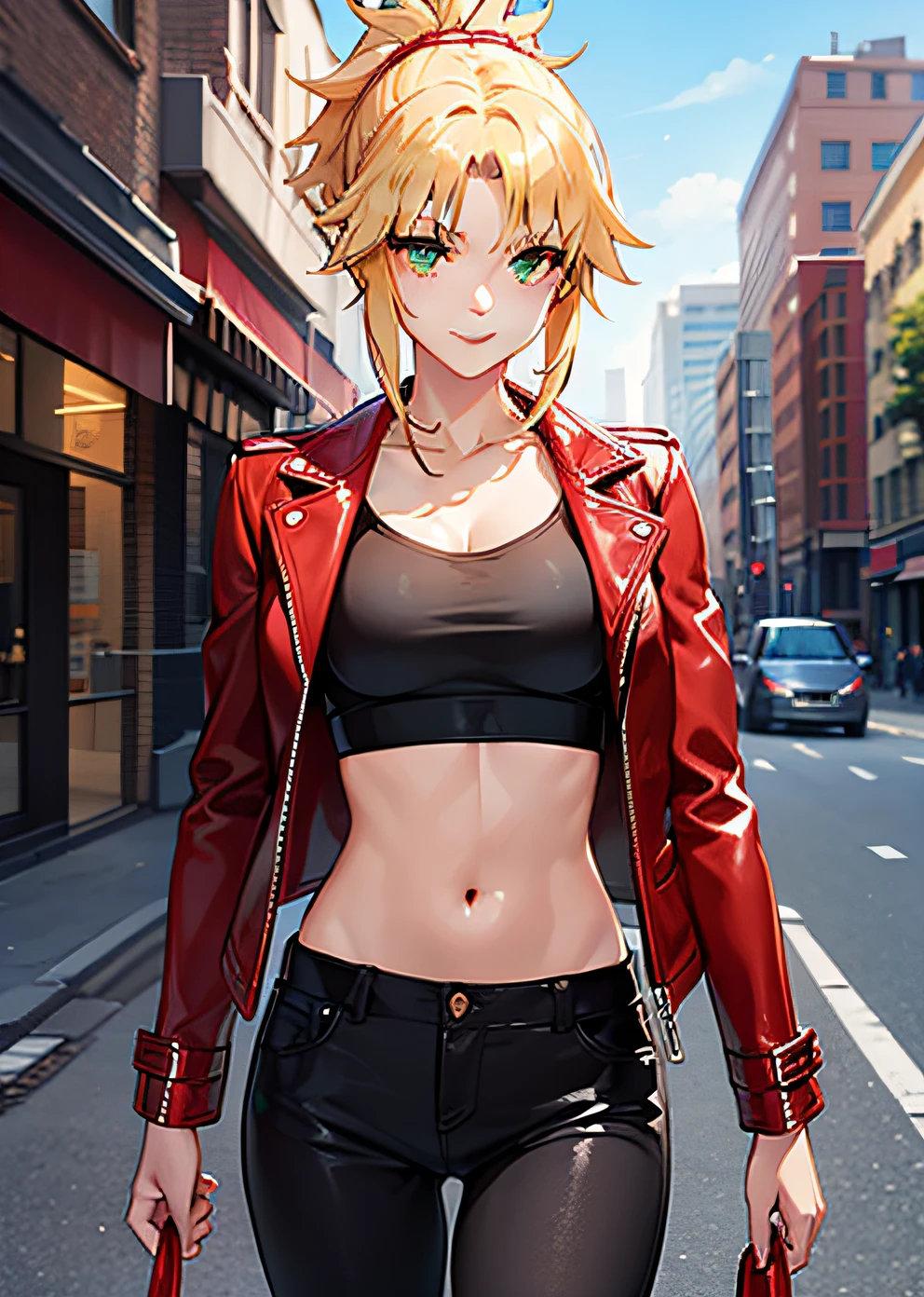 masterpiece, best quality, illustration, city street, 1girl, mordred \(fate\), cowboy shot, skinny, collarbone, detailed blonde hair ponytail braid, green eyes, red leather jacket, white crop top