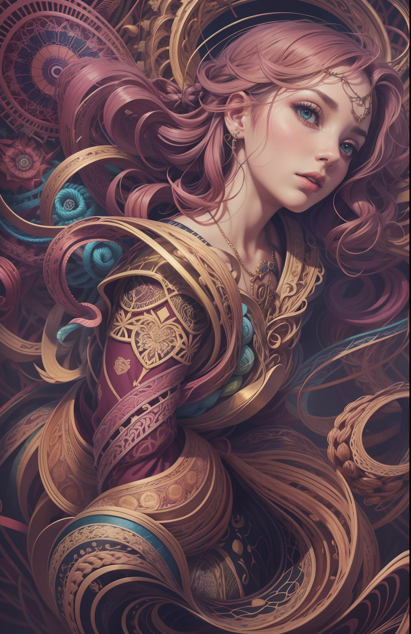official art, unity 8k wallpaper, ultra detailed, beautiful and aesthetic, masterpiece, best quality, (zentangle, mandala, tangle, entangle), (fractal art:1.3) , 1girl, extremely detailed, dynamic angle, cowboyshot, the most beautiful form of chaos, elegant, a brutalist designed, vivid colours, romanticism, atmospheric, ecstasy of musical notes, streaming musical notes visible