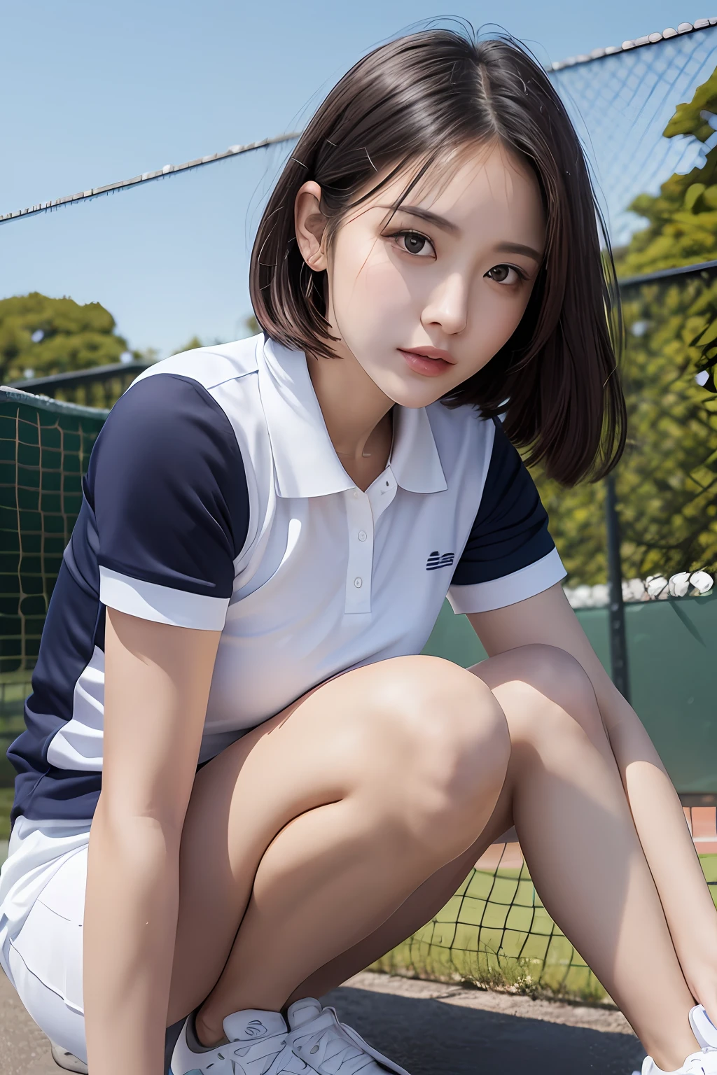 1 girl, solo, white polo shirt, white sneakers, navy blue tennis wear: 1.3, white mini skirt, masterpiece, top quality, realistic, hyper detail, (glossy, sweaty: 1.4), absurdity, camera gaze, short black hair, brown eyes, slender, dynamic lighting, high resolution, sharp focus, depth of field, detailed eyes, sharp eyes, realistic eyes, (big: 1.2) , (Thick Thighs: 1.0), Outdoor, Sky, Korean Idol, Nogizaka Idol, Gravure Idol, Actress,