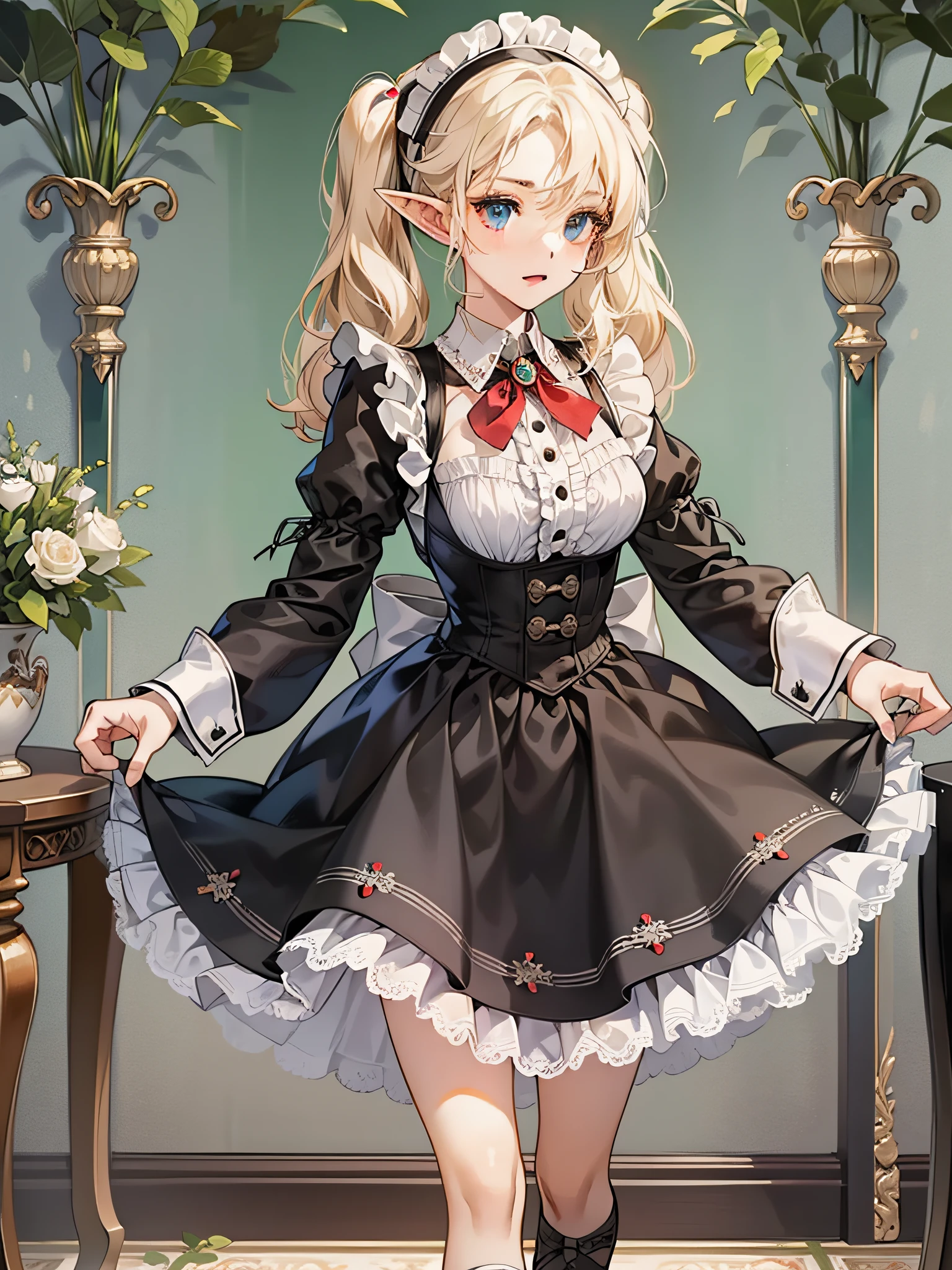 Elf, Girl, Solo, Full Body, Platinum Blonde,Twin Tails, Blue Eyes, With Funny Expression, Standing, One Hand on Side Table,
Maid dress in solid black long dress (long sleeves, puff sleeves, white cuffs, black buttons on cuffs, white collar, skirt to heel),
white long apron dress (apron with breastplate, length to hem of skirt, shoulder straps, white lace ruffles at shoulder straps, large ribbon knot at the back),
Red Ascot Thai,
head headband with white lace ruffles,
white stockings,
white panniers (lace hem of panniers),
black enamel shoes (low heel, front strap),
Mucha style background