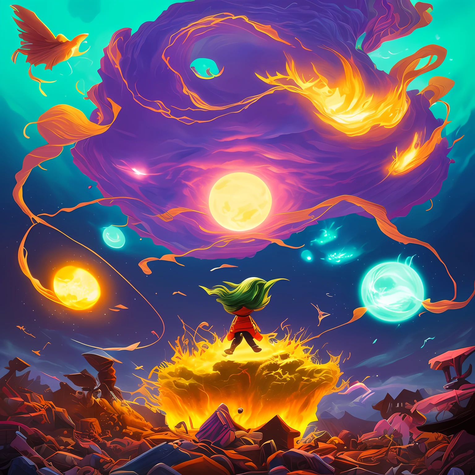 concept art, overhead angle of a Will-o'-the-wisp, wearing Funny Somali Emerald deep orange Pinafore, Caramel hair styled as Short hair, fluorescent purple Hair tie, equirectangular 360, Highres,  [(art by Willi Baumeister:1.1), (art by John T. Biggers:1.2)::17], official art, unity 8k wallpaper, ultra detailed, aesthetic, masterpiece, best quality, photorealistic --auto