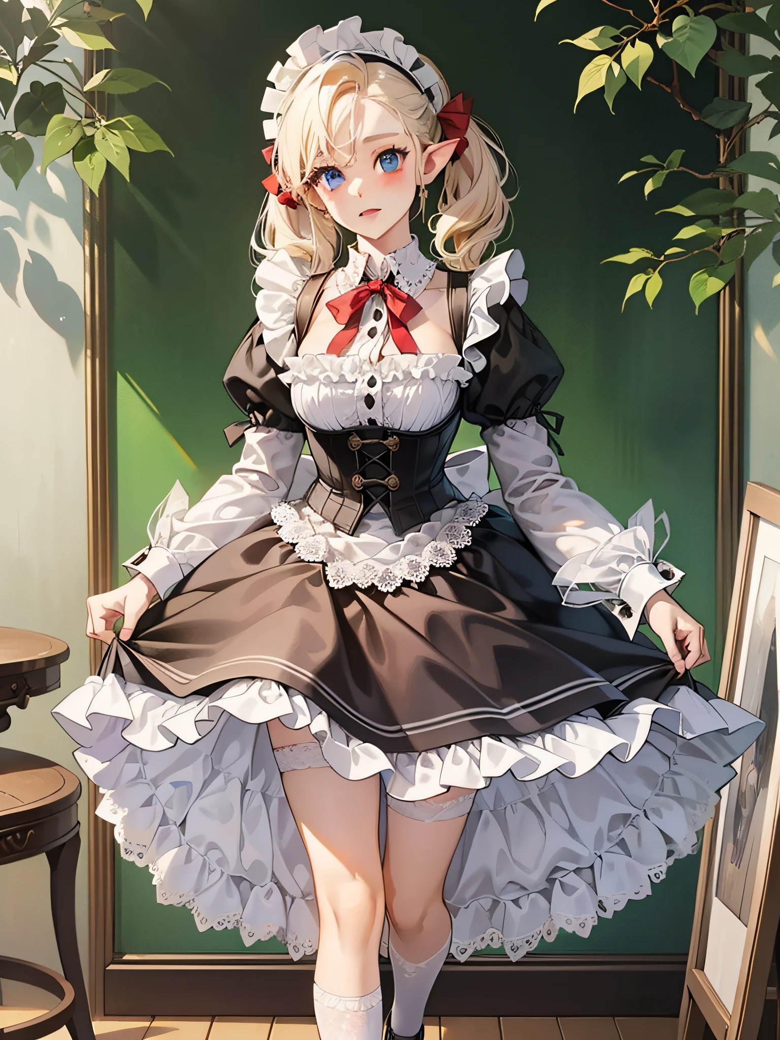 Elf, Girl, Solo, Full Body, Platinum Blonde,Twin Tails, Blue Eyes, With Funny Expression, Standing, One Hand on Side Table,
Maid dress in solid black long dress (long sleeves, puff sleeves, white cuffs, black buttons on cuffs, white collar, skirt to heel),
white long apron dress (apron with breastplate, length to hem of skirt, shoulder straps, white lace ruffles at shoulder straps, large ribbon knot at the back),
Red Ascot Thai,
head headband with white lace ruffles,
white stockings,
white panniers (lace hem of panniers),
black enamel shoes (low heel, front strap),
Mucha style background
