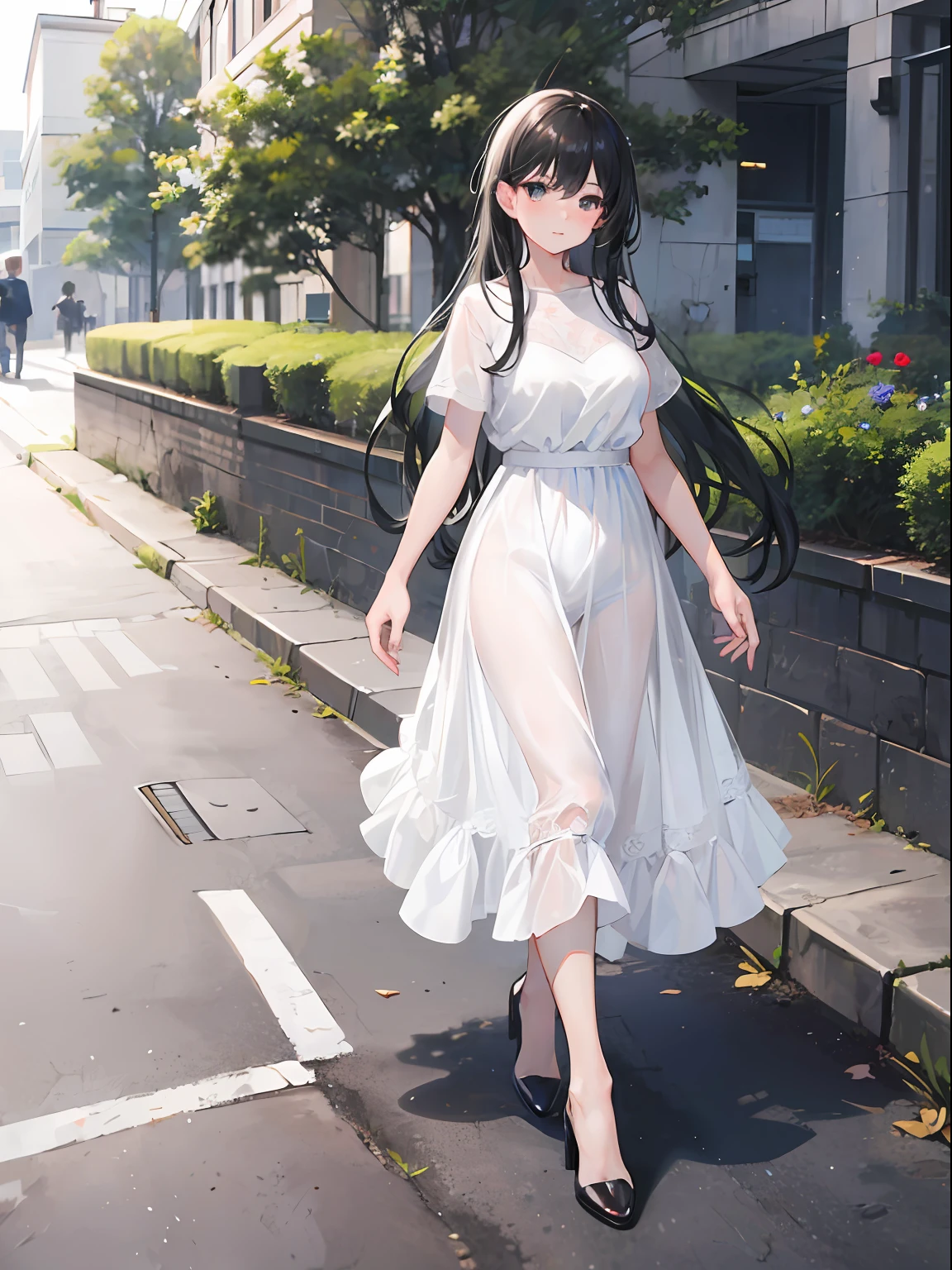 (Girl, long black hair, white dress), (boy, black short sleeves), walk, campus