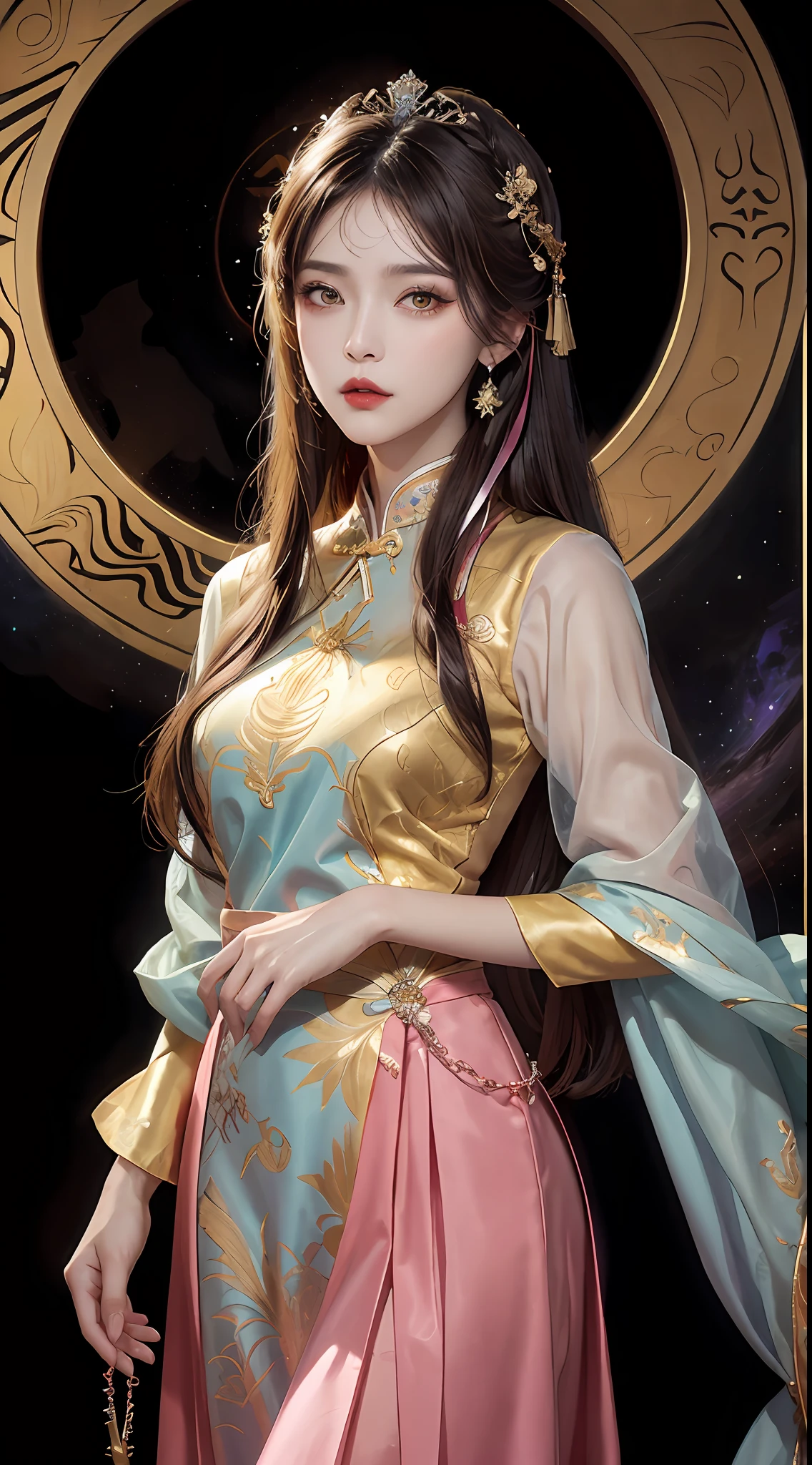 1 27-year-old girl, 1 zodiac goddess from the future, goddess of the pink and purple 12 zodiacs, the goddess of the zodiac in a yellow ao dai, a 12 zodiac ao dai with many black lace detail, mythology Goddess of the 12 zodiacs from the future, zodiac ♏, luxurious glittering zodiac style, dark and mysterious version, zodiac crown, lipstick lips red, thin and beautiful lips, Smile makes viewers fall in love, characters made by karol bak and pino daeni, intricate detail, detailed background, extremely detailed, light magic, a woman, clear face, look at the face of goddess zodialook at the zodiac goddess face, hair long with bangs, beautiful face in detail and well-proportioned eyes, (transparent yellow eyes: 1.8), big round eyes and very beautiful and detailed makeup, foresight, silk dress, mysterious makeup, double bangs and dyed light blonde, uper body, zodiac goddess uper body, arms hanging loosely, Realistic and vivid photo, (stars make up the zodiac: 1.7), (sky background zodiac and fictitious space and time portal: 1.8), fiction art, RAW photo, hanfu picture, best photo, best photo quality, 8k quality, 8k ultra, super realistic, real photo most economical, artistic portrait of goddess zodiac,