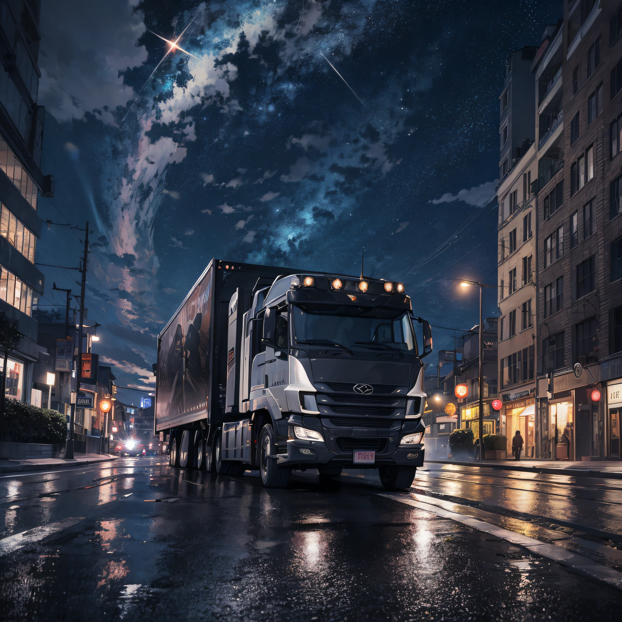 Absurd resolution, high resolution, (masterpiece: 1.4), hyper-detail, night, in the middle of an empty street, big truck, out of control