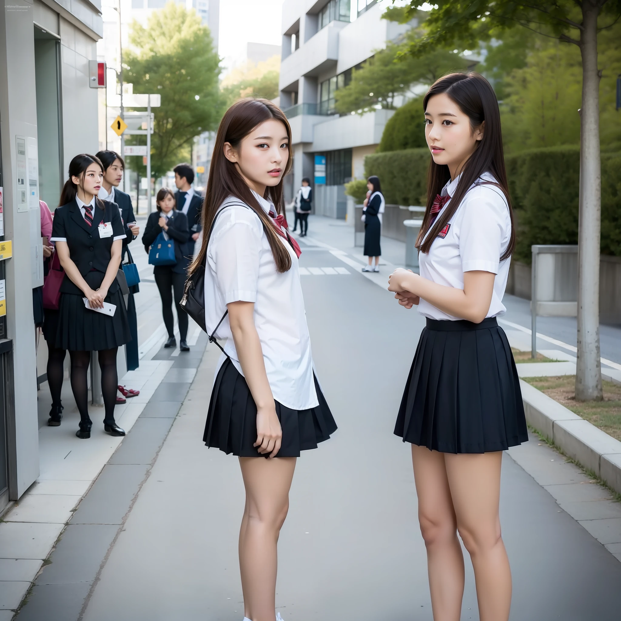sidewalk, RAW photo, 8K, highest quality, super high resolution, beautiful face details, real human skin, gentle expression, front view, angle from below, long hair, realistic, realistic, cute, short skirt, standing deep in the city, cute schoolgirl, japanese schoolgirl uniform, wearing Japanese school uniform, surreal high school girl, full body,ultra real, photorealistic, masterpiece,