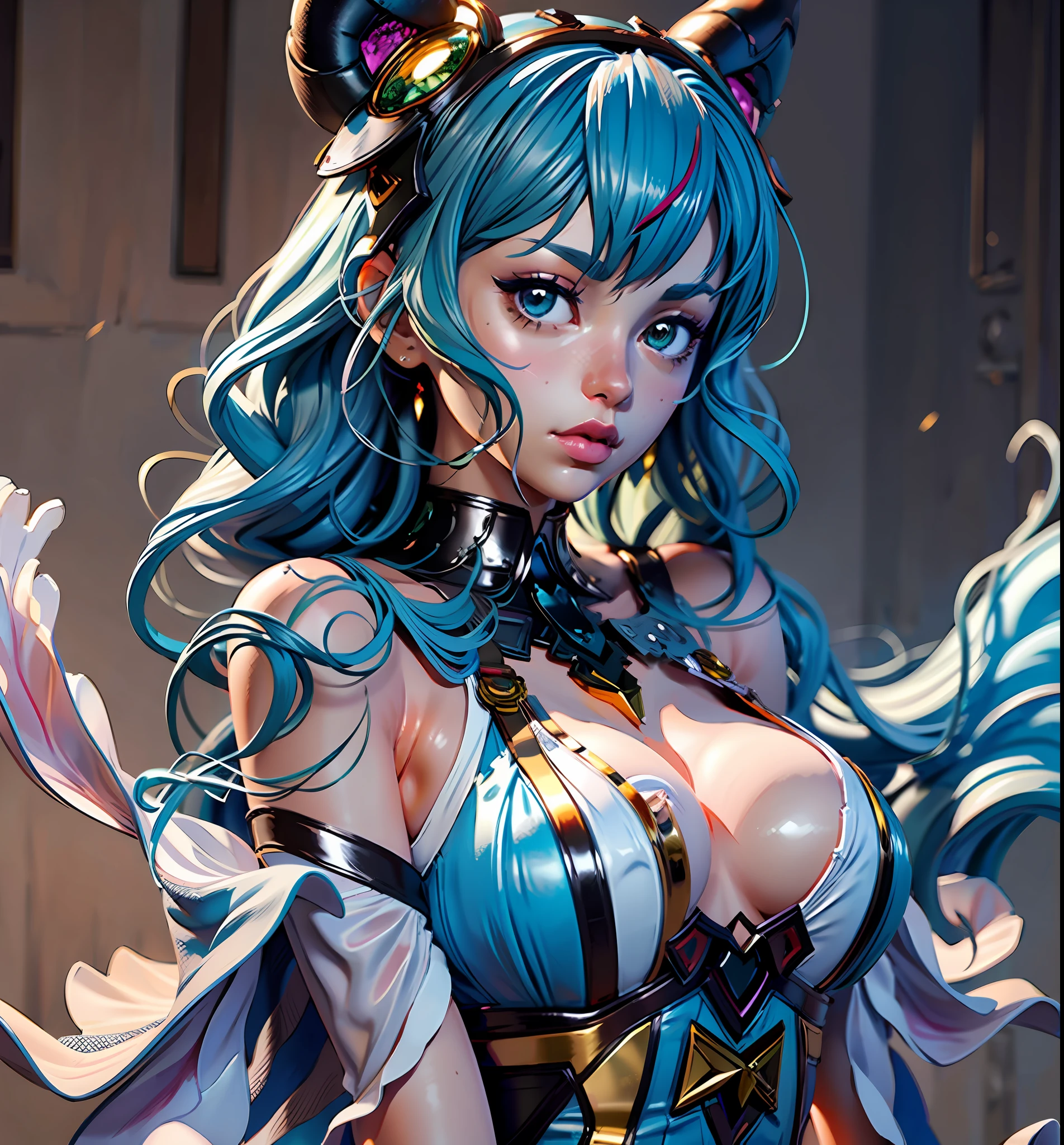 a woman with a horned headpiece and a blue dress, extremely detailed artgerm, artgerm. anime illustration, like artgerm, as seen on artgerm, ig model | artgerm, seductive anime girl, artgerm. high detail, beautiful alluring anime woman, artgerm and wlop, detailed digital anime art