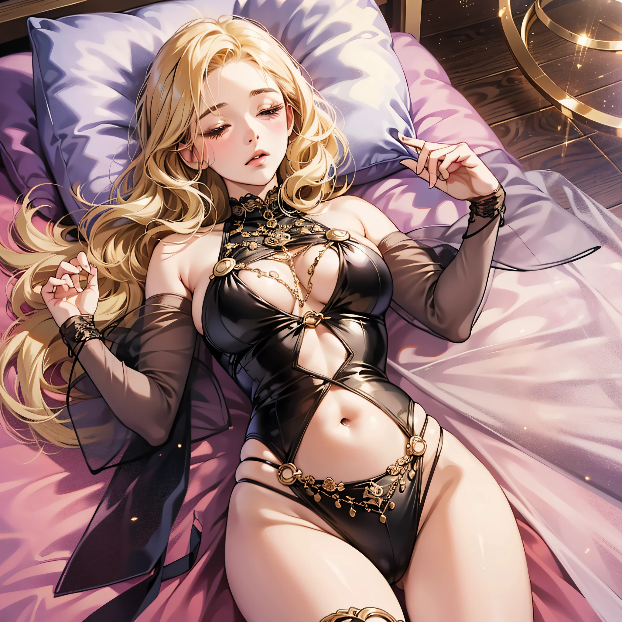 Attractive long blonde young woman looking here, radical see-through, belly dance costume, skin tight, soft looking big, crotch wide open, sleeping on bed