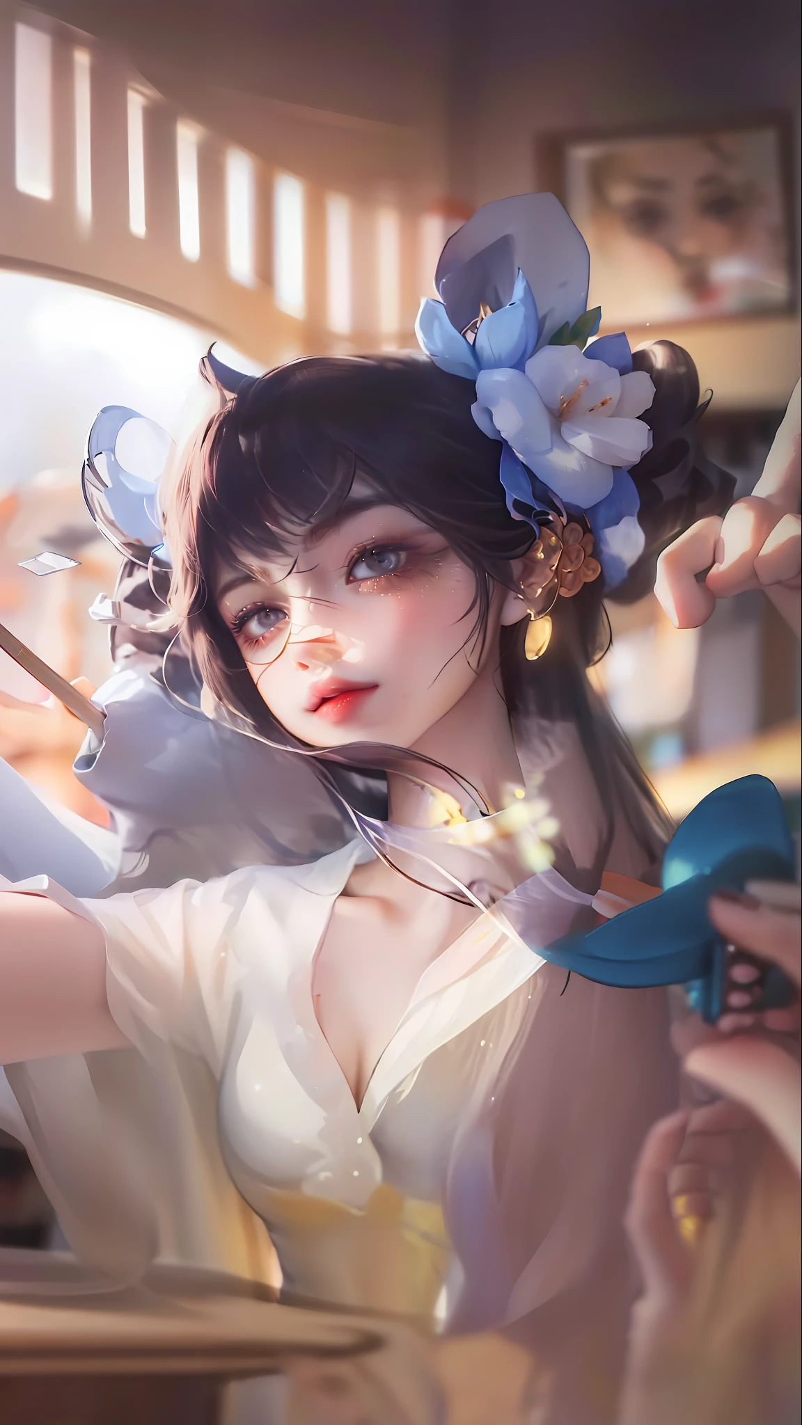 8K, Best Quality, Masterpiece, Ultra High Resolution, (Realism: 1.4), Original Photo, (Realistic Skin Texture: 1.3), (Film Grain: 1.3), (Selfie Angle), 1 Girl, Beautiful Eyes and Face Details, Masterpiece, Best Quality, Close-up, Upper Body, Looking at the Viewer