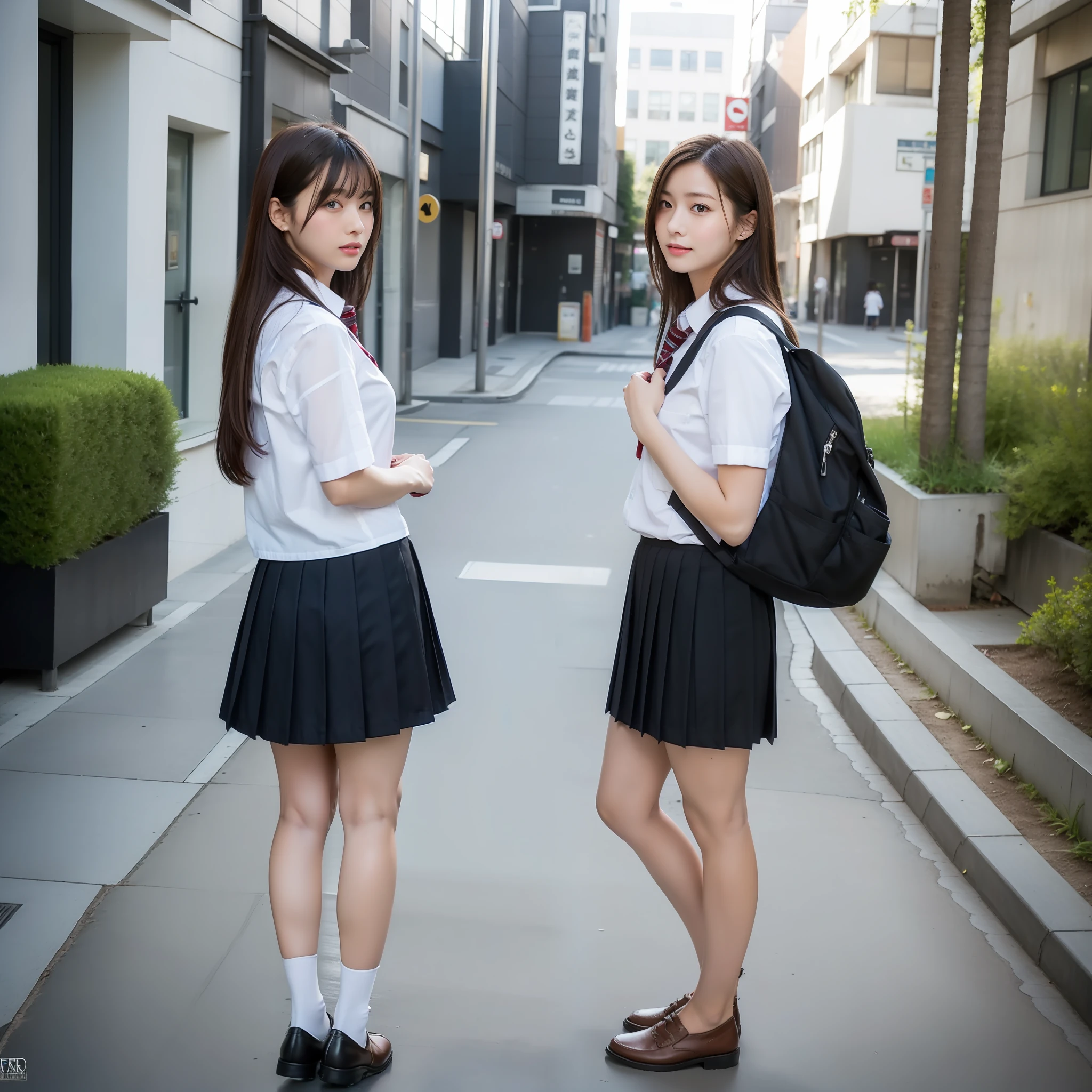 sidewalk, RAW photo, 8K, highest quality, super high resolution, beautiful face details, real human skin, gentle expression, front view, angle from below, long hair, realistic, realistic, cute, short skirt, standing deep in the city, cute schoolgirl, japanese schoolgirl uniform, wearing Japanese school uniform, surreal high school girl, full body,ultra real, photorealistic, masterpiece,
