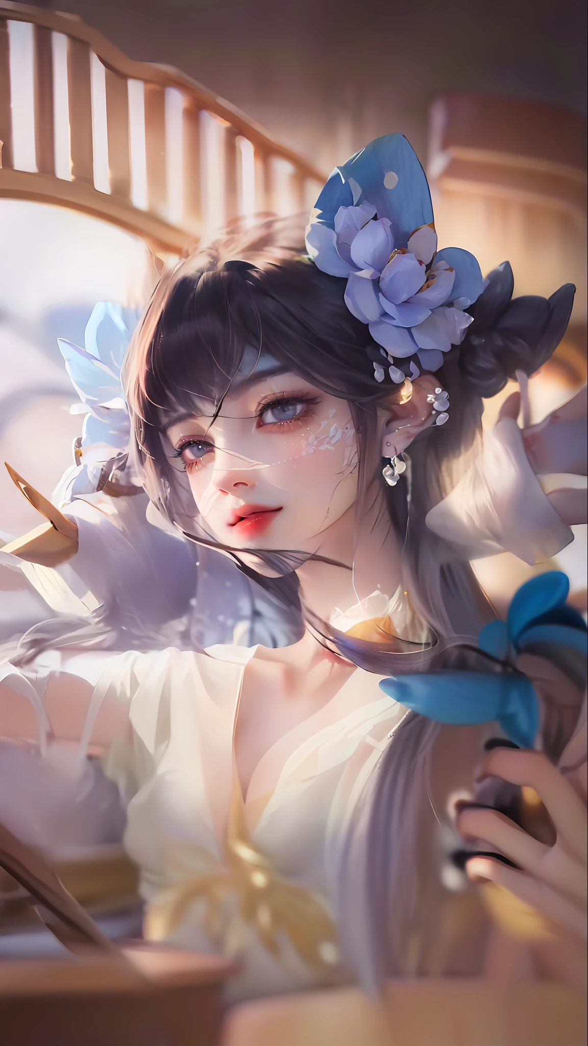 8K, Best Quality, Masterpiece, Ultra High Resolution, (Realism: 1.4), Original Photo, (Realistic Skin Texture: 1.3), (Film Grain: 1.3), (Selfie Angle), 1 Girl, Beautiful Eyes and Face Details, Masterpiece, Best Quality, Close-up, Upper Body, Looking at the Viewer