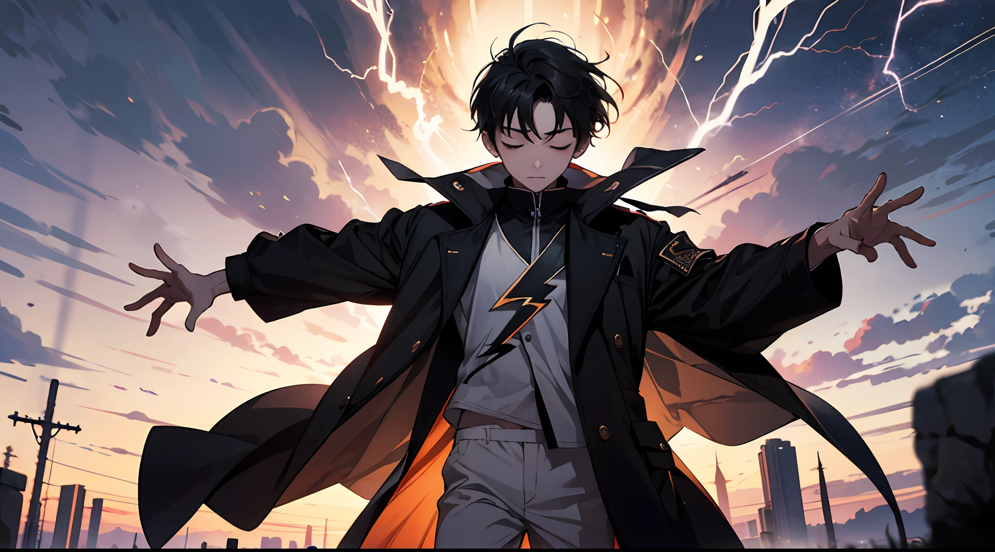 (Absurd, High Resolution), 16k, (Panorama), Little Boy, Teenager, Closed Eyes, Open Hands, Short Hair, Black Hair, Black Coat, White Underwear, Extreme Detail, Lightning, Magic, Magic Array, Exaggerated Light, Shine, Magic, Floating, Dusk