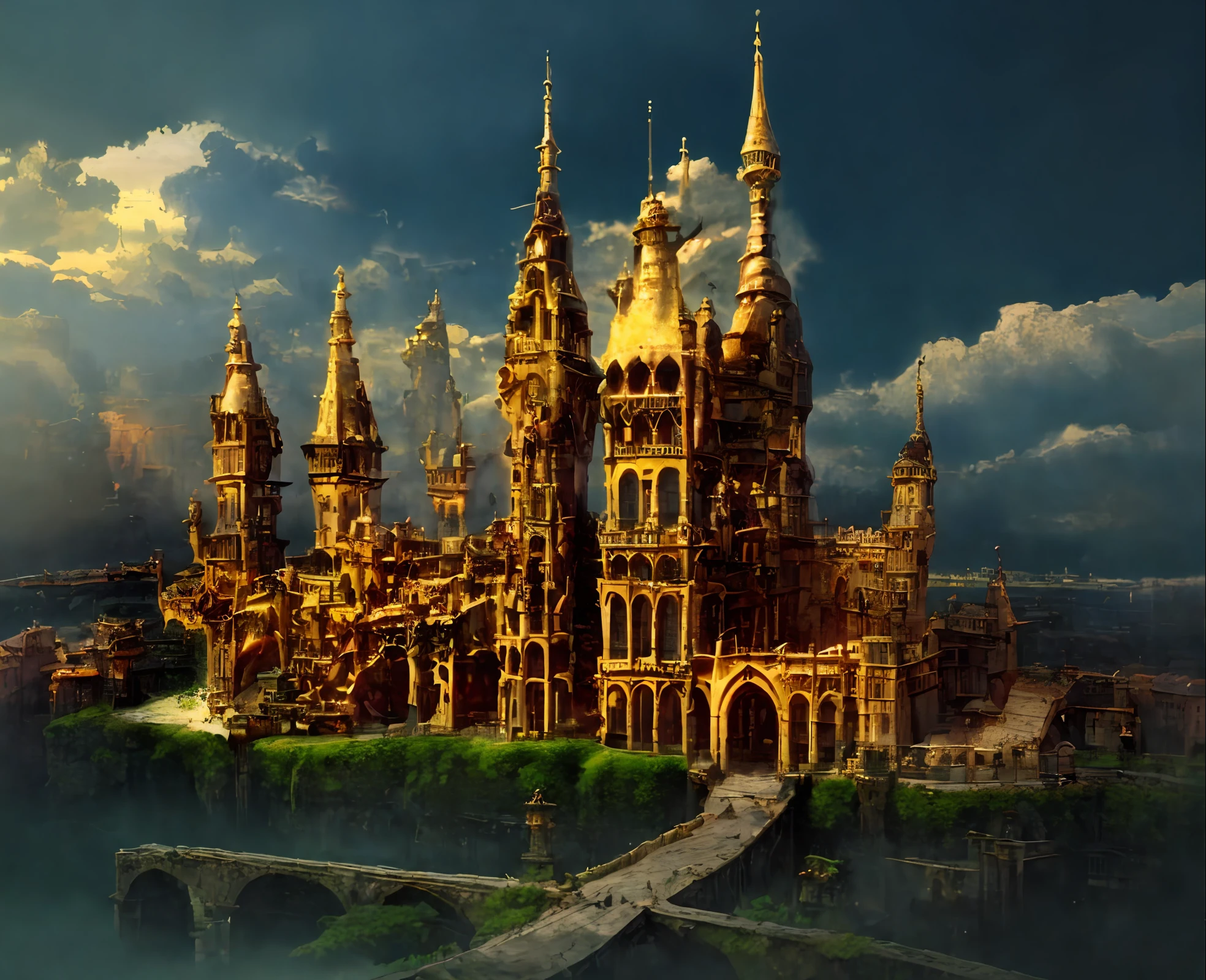 a close up of a castle with a clock tower on a hill, an immense floating castle, fantasy architecture, very far royal steampunk castle, steampunk villages castles, fantasy capital city, high fantasy castle, ancient steampunk city, symmetrical epic fantasy art, big and structured valhalla city, fantasy highly detailed, floating palace, atlantis city, epic castle with tall spires
