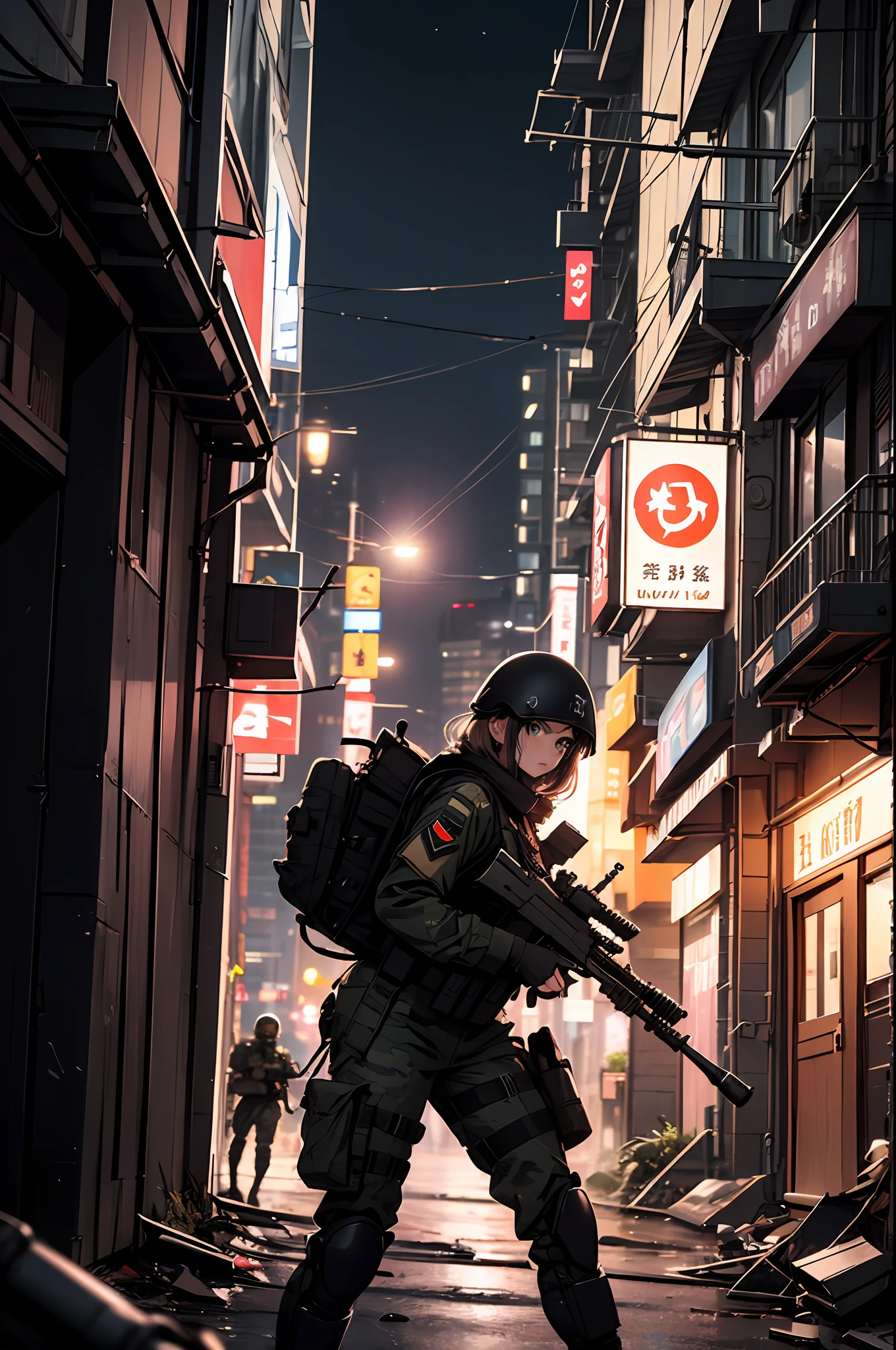 {{Masterpiece, top quality, highly detailed CG, 16K, film lighting, photorealistic: 1.4, lens flare}}, (1 girl soldier attacking military robot with anti-tank gun), (black combat uniform), wide view, thick body, long blond hair, green eyes, having multiple weapons, aiming, anti-tank gun, rubble, depth of field, f/1.8, Shinjuku at night, (( Special forces SWAT in combat)), (sniping with anti-tank rifles), from side, HDR, hyper detailed, wreckage of military robots, (wide angle lens), after-observations