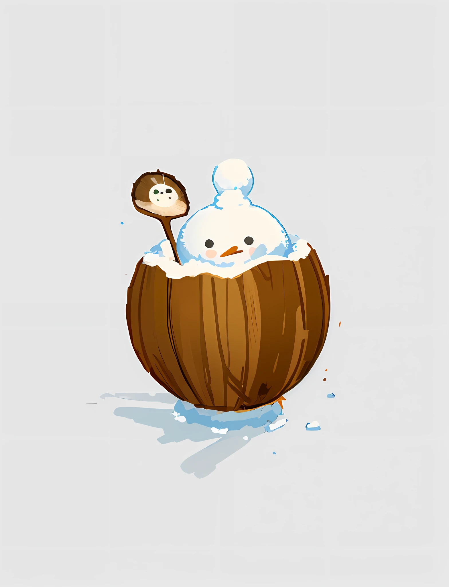 Masterpiece, best quality, simple background, best quality, masterpiece, 8k, 4k, extreme resolution, ultra-high resolution, minimalist art style, (flat painting: 1.15), brown half coconut shell, (spoon on the left side of coconut shell: 1.35), (snowman on coconut: 1.15), (cute: 1.35), cartoon, (snowman living in coconut shell: 1.75), wavy mouth,
