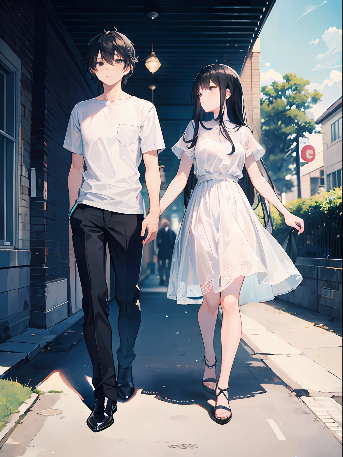 (Girl, long black hair, white dress), (boy, black short sleeves), walk, campus