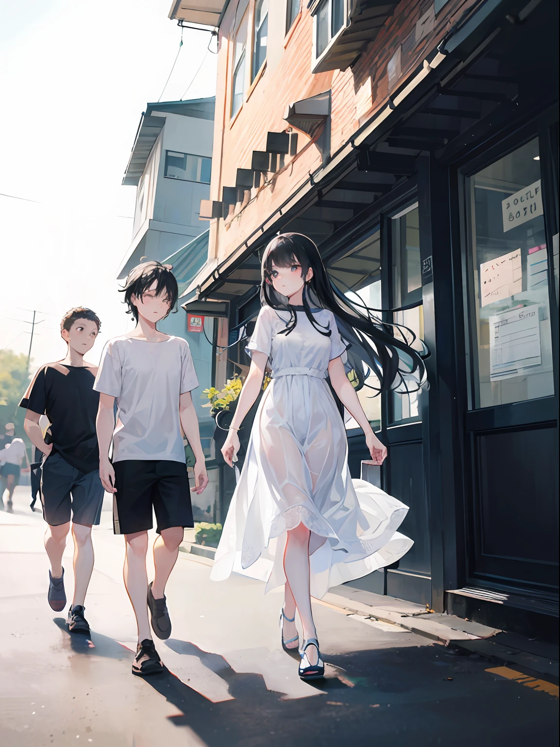 (Girl, long black hair, white dress), (boy, black short sleeves), walk, campus