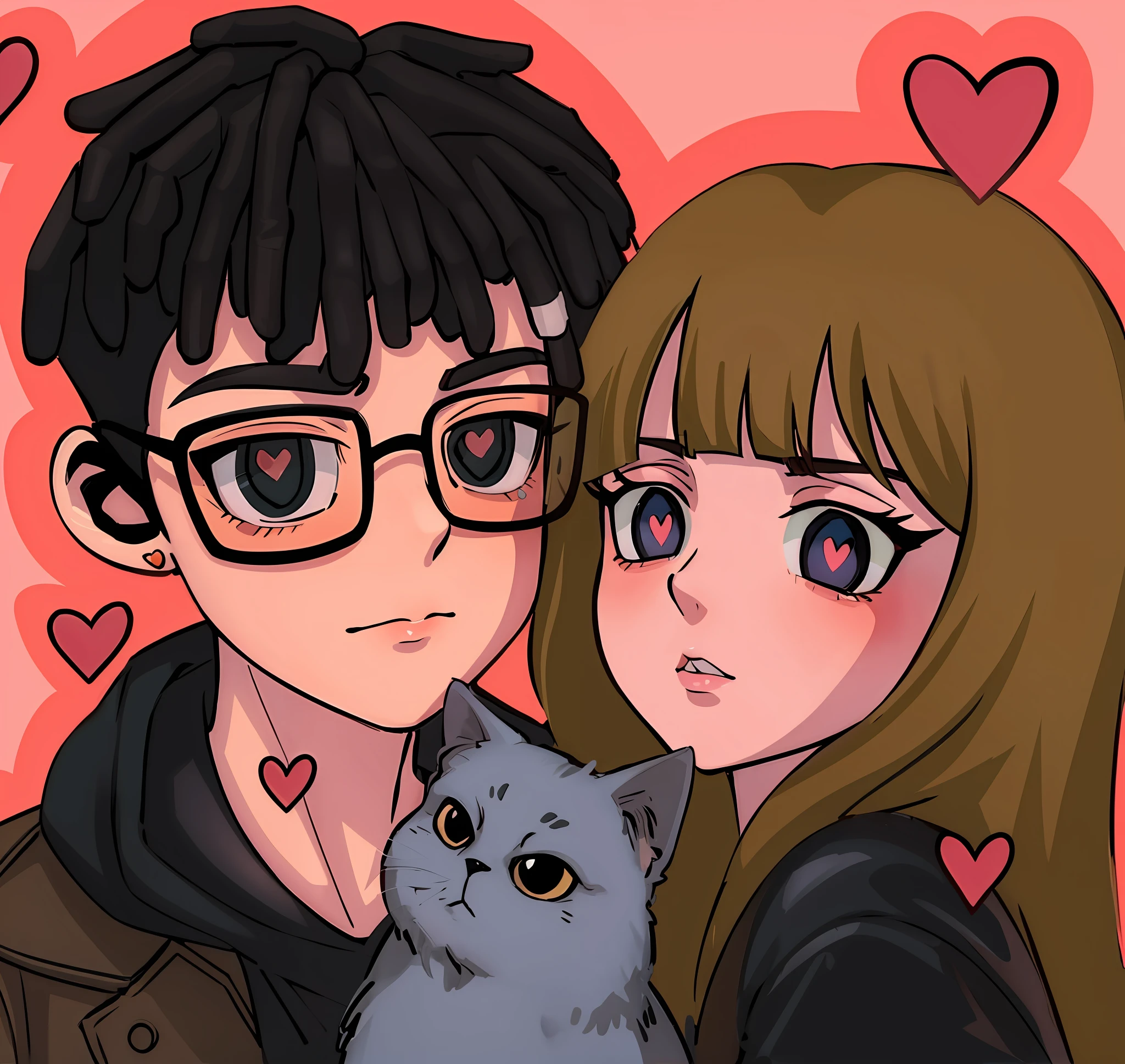 anime couple with cat and hearts in background, in anime style, in an anime style, anime art style, in the art style of 8 0 s anime, ig studios anime style, anime style portrait, cartoon artstyle, kawaii realistic portrait, cartoon art style, anime artstyle, high quality fanart, persona 5 art style, very anime style, flat anime style