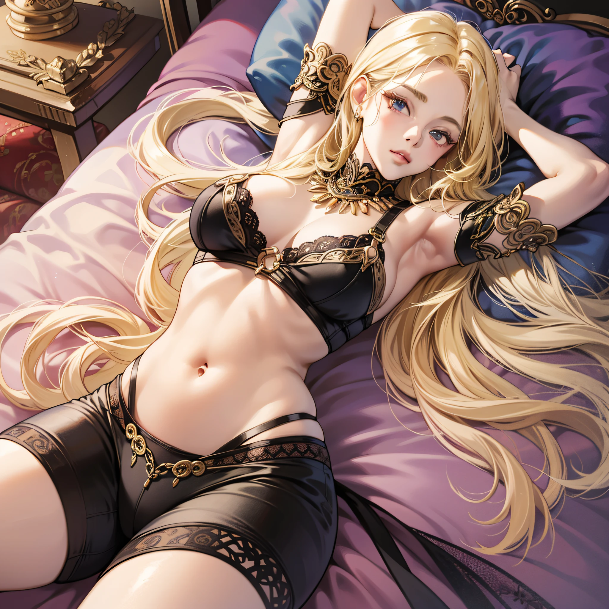 Looking here, attractive long blonde young woman, little fabric to the limit, belly dance costume, skin tight, soft looking big, crotch wide open, lying on bed