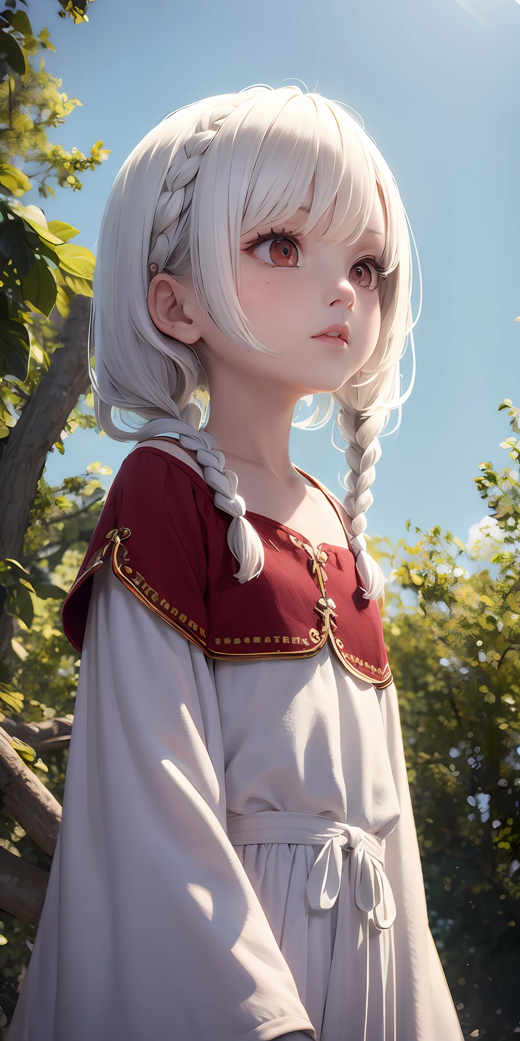 Excellent, masterpiece, white hair, red eyes, white clothes, looking up, upper body, hair, fair skin, side braids