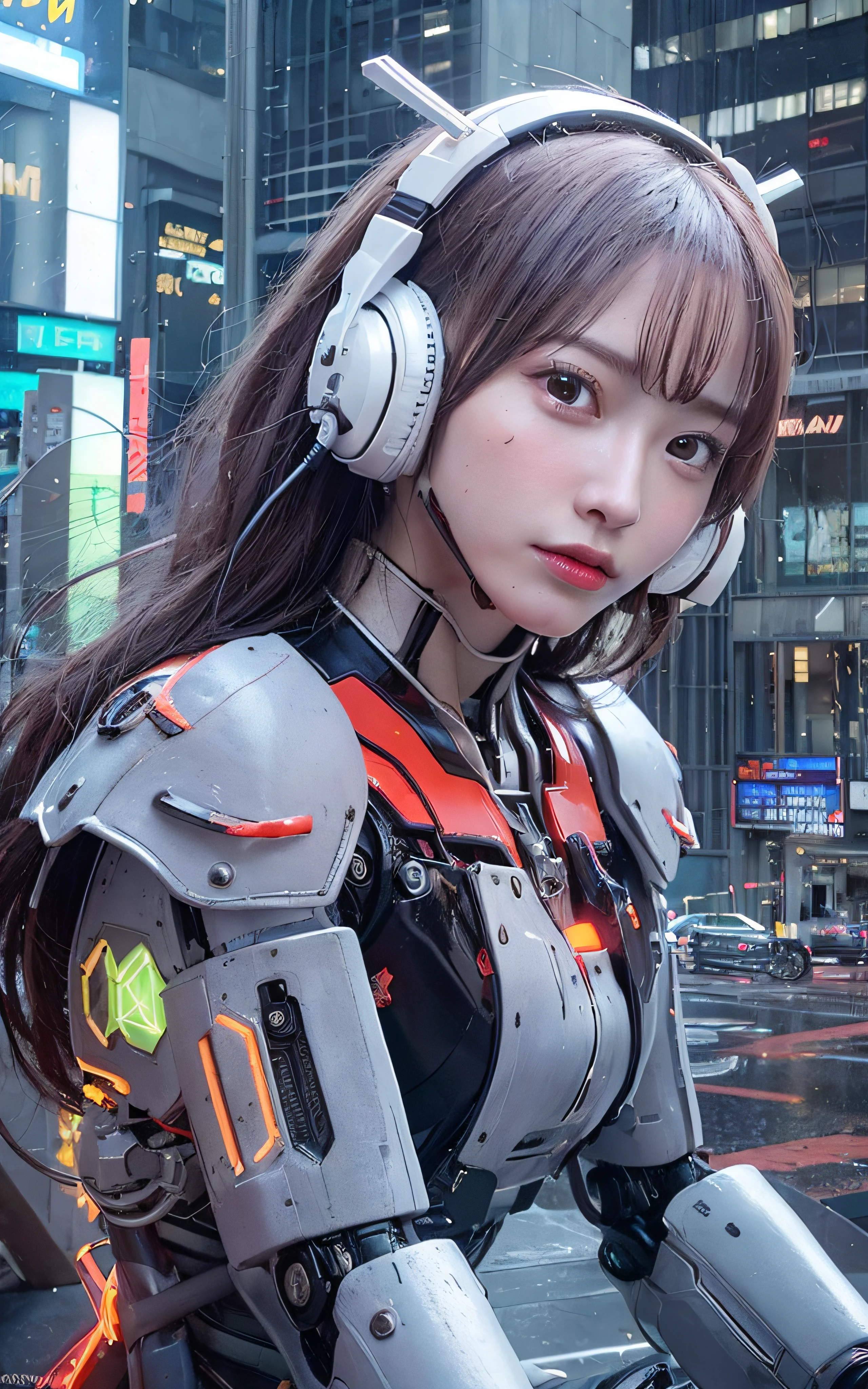 Top quality, masterpiece, ultra high resolution, (photorealistic: 1.4), raw photo, futuristic town perspective, futuristic skyscrapers, futuristic street corner, one girl, black hair, shiny skin, 1 Gundam girl, (((ultra-realistic details)), Sydmide style mecha design, portrait, global illumination, shadows, octane rendering, 8K, Ultra sharp, big, cleavage exposed raw skin, metal, intricate ornament details, headset, hydraulic cylinder, very intricate details, realistic light, CGSoation trend, purple eyes, glowing eyes, facing the camera, neon details, mechanical limbs, blood vessels connected to tubes, mechanical vertebrae attached to the back, mechanical cervical attachment to the neck, sitting, wires and cables connecting to the head, Gundam suit, cyberpunk, small LED lamps,