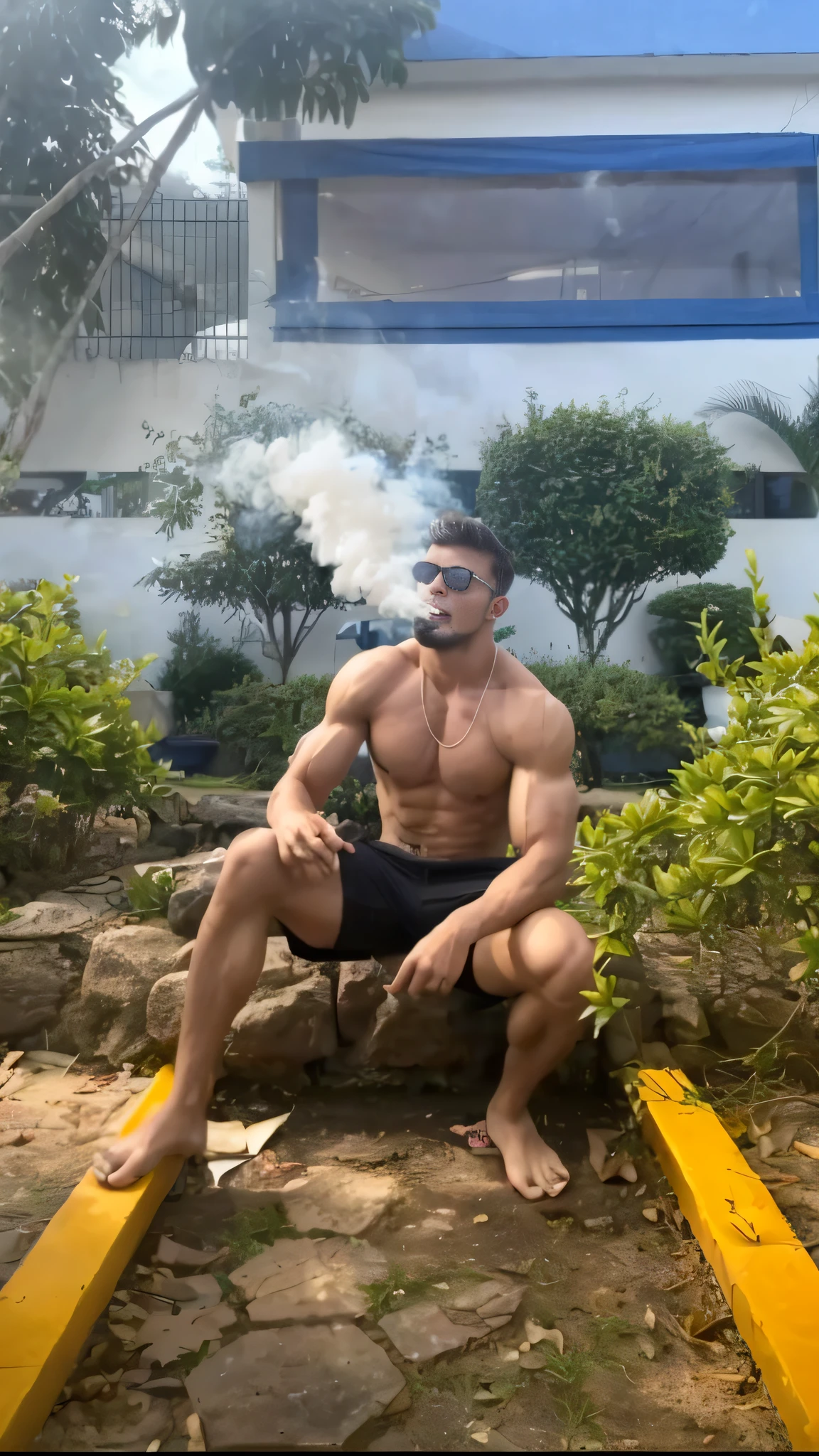 Boy sitting, appearing , bodybuilder's body, smoking, releasing smoke through his mouth, smoke covering mouth and nose, wearing glasses