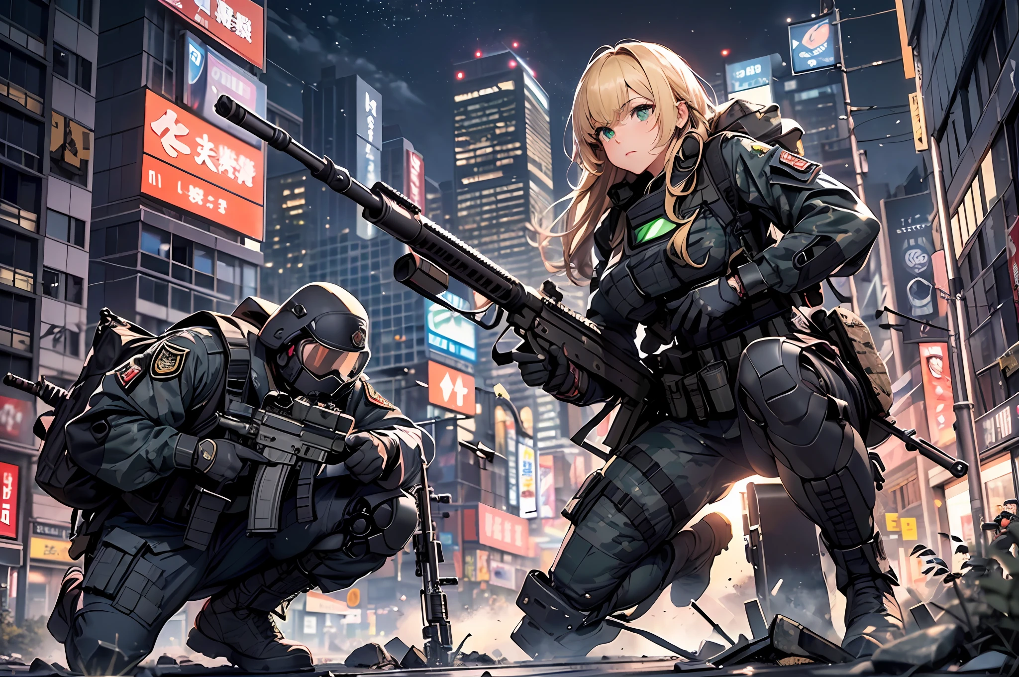{{Masterpiece, top quality, highly detailed CG, 16K, movie lighting, lens flare}}, (1 girl soldier sniping a huge military robot with a large rifle), (black combat uniform), wide view, thick body, Photorealism: 1.4, long blonde hair, green eyes, have multiple weapons, aiming accuracy 1.4, anti-tank gun, direct light, on rubble, 35mm depth of field, f/1.8, night footage, (((Special Forces SWAT in combat Shinjuku at night)), (sniping with a large rifle), from side, HDR, hyper detailed, giant robot wreckage, (wide angle lens), after-findings