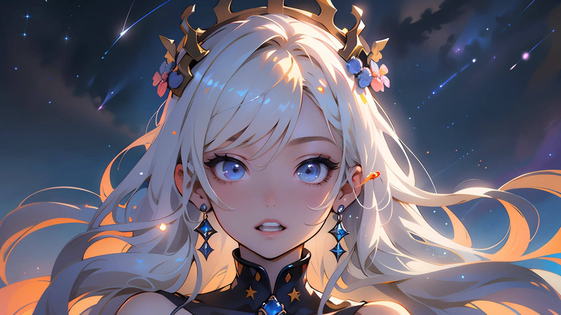 A girl, very detailed face, starry sky background, gorgeous evening dress, starry sky evening dress, starry sky on evening dress, queen girl, crown, delicate eyes, high quality, masterpiece, full body photo, magnificent, anime, illustration, CG, starry sky long hair, starry sky in hair