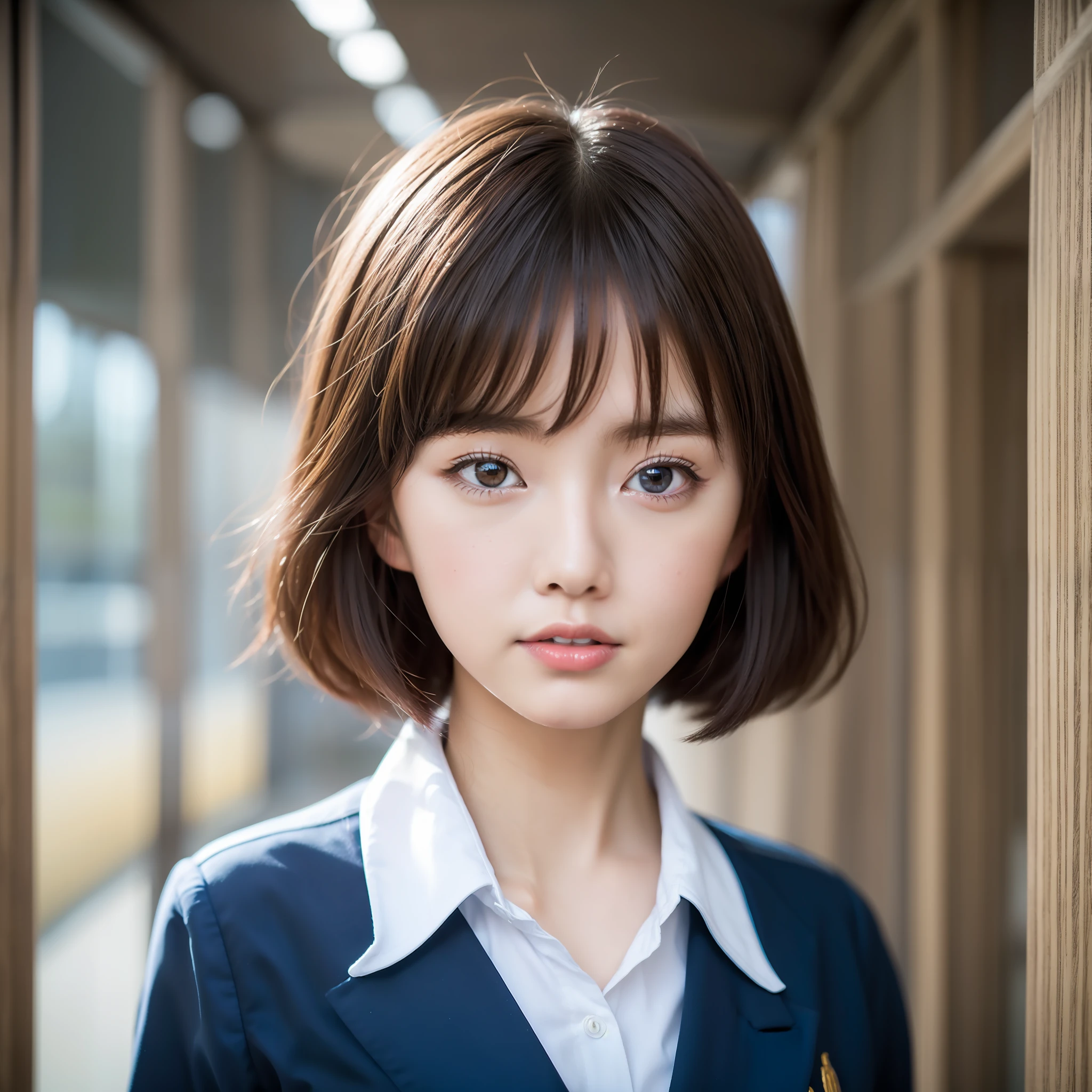Young girl in blue shirt, Japan teen portrait, Japan uniform, shot with Canon EOS 5d Mark IV, real life anime girl, short hair Japan girl uniform, surreal schoolgirl, Japan school uniform, surreal schoolgirl, soft portrait shot 8K, pale, dusk, school building, high school