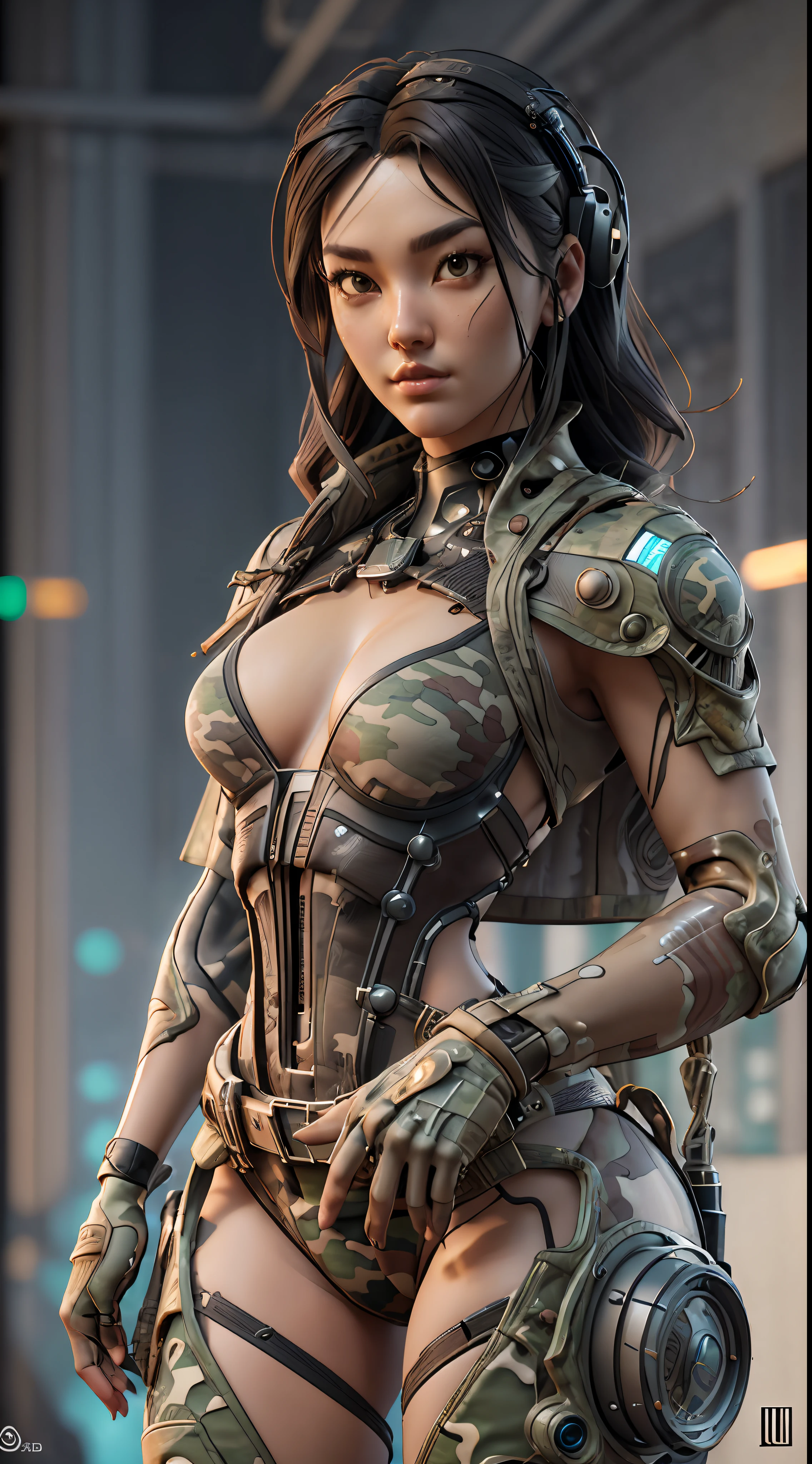((Best quality)), ((masterpiece)), (highly detailed:1.3), 3D, beautiful (cyberpunk:1.2) special forces, robort,female with thick voluminous hair wearing (wearing camouflage_uniform:1.1), body armour,cape,digital (camouflage:1.3),HDR (High Dynamic Range),Ray Tracing,NVIDIA RTX,Super-Resolution,Unreal 5,Subsurface scattering,PBR Texturing,Post-processing,Anisotropic Filtering,Depth-of-field,Maximum clarity and sharpness,Multi-layered textures,Albedo and Specular maps,Surface shading,Accurate simulation of light-material interaction,Perfect proportions,Octane Render,Two-tone lighting,Wide aperture,Low ISO,White balance,Rule of thirds,8K RAW,Efficient Sub-Pixel,sub-pixel convolution