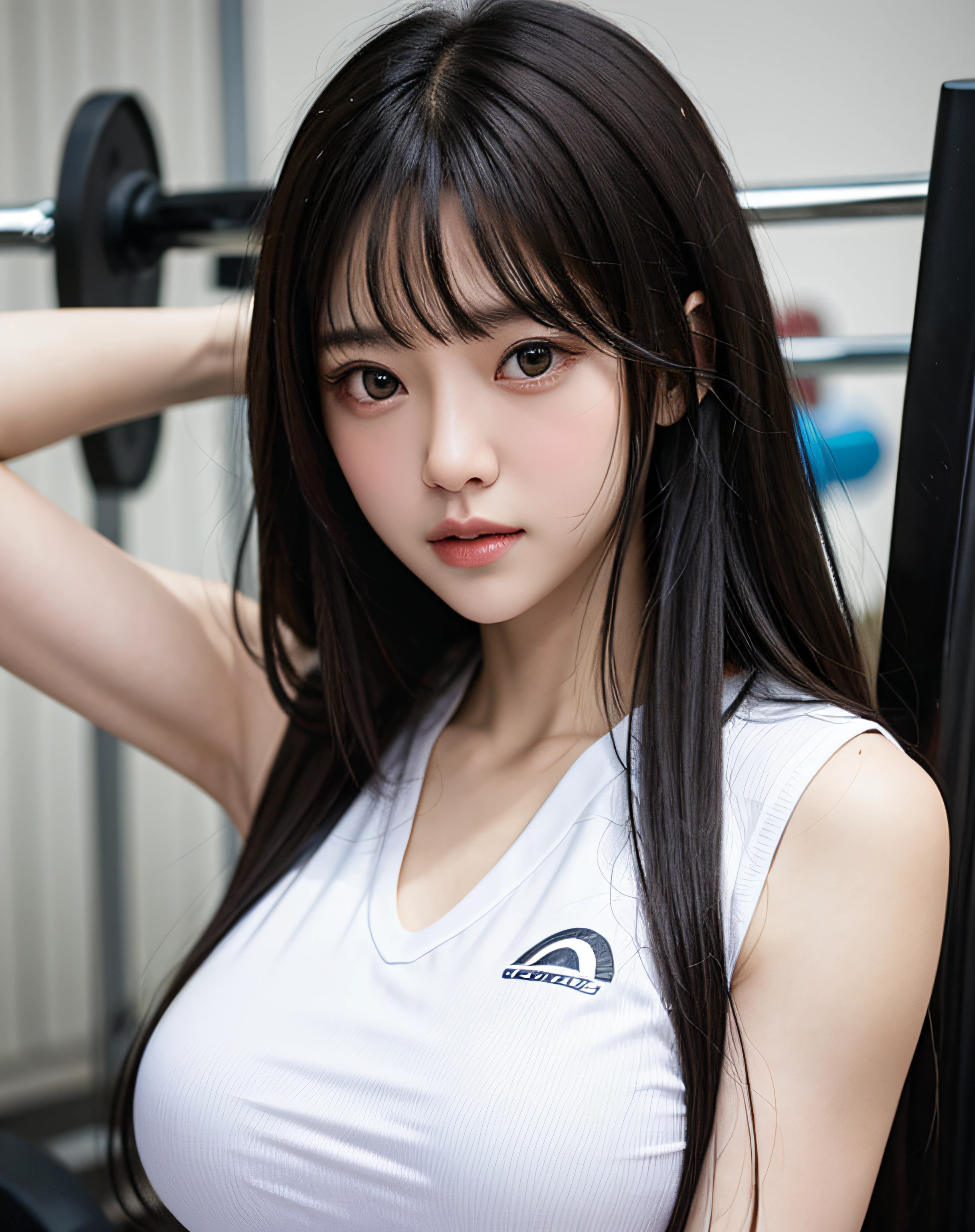 zydG, 1girl, detailed skin, looking at viewer, brown eyes, (longhair with bangs:1.2), (big breasts:1.0), (medium areolae:0.8), portrait, gym uniform, (photorealistic:1.4), (best quality:1.0), (ultra highres:1.0), 8k, RAW photo, (masterpiece:0.2), (pureerosface_v1:0.5), gym background,