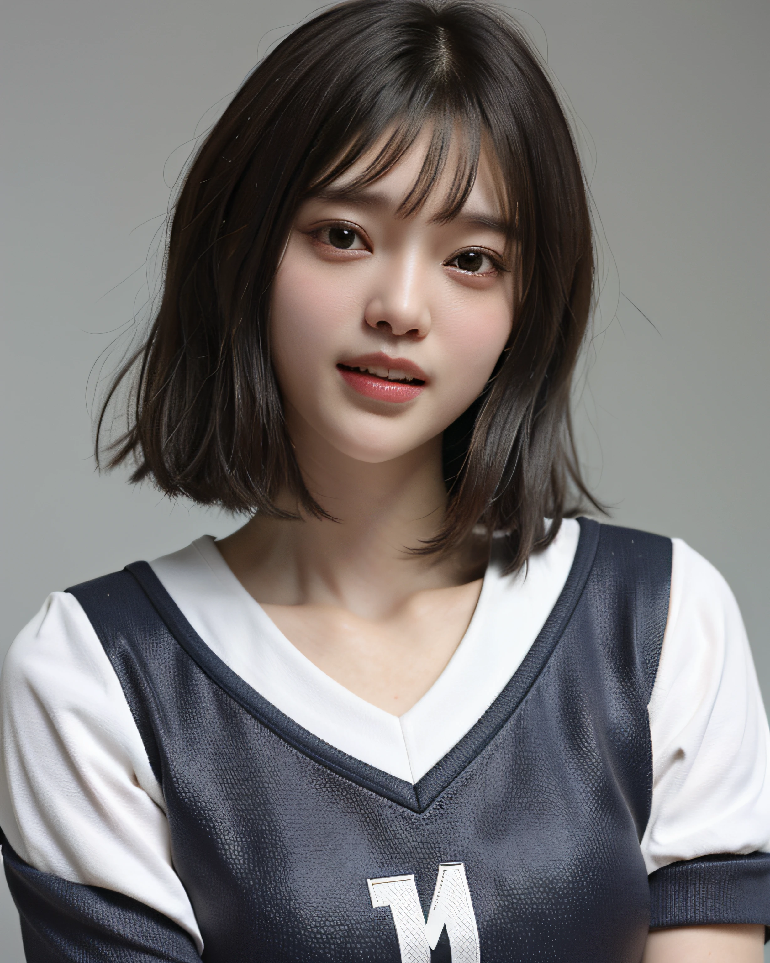 zydG, 1girl, detailed skin, looking at viewer, brown eyes, (longhair with bangs:1.2), (big breasts:1.0), (medium areolae:0.8), portrait, gym uniform, (photorealistic:1.4), (best quality:1.0), (ultra highres:1.0), 8k, RAW photo, (masterpiece:0.2), (pureerosface_v1:0.5), gym background,