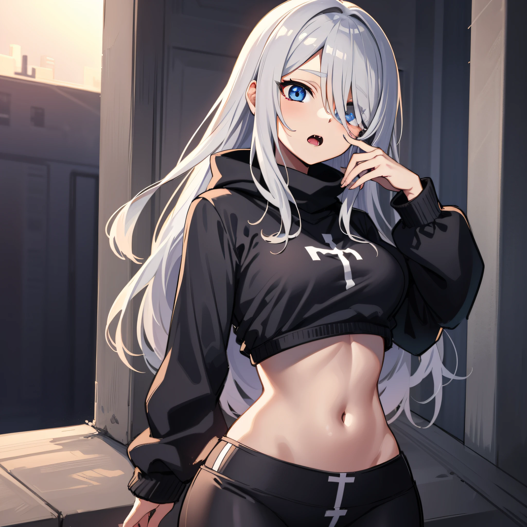 /free (sketch:1.2), anime girl, light sport black clothes, (long grey hair:1.1), in open garden ,(white demonic cross in the right breast:1.1), hair over left one eye, space eye , desert storm,black sweatshirt