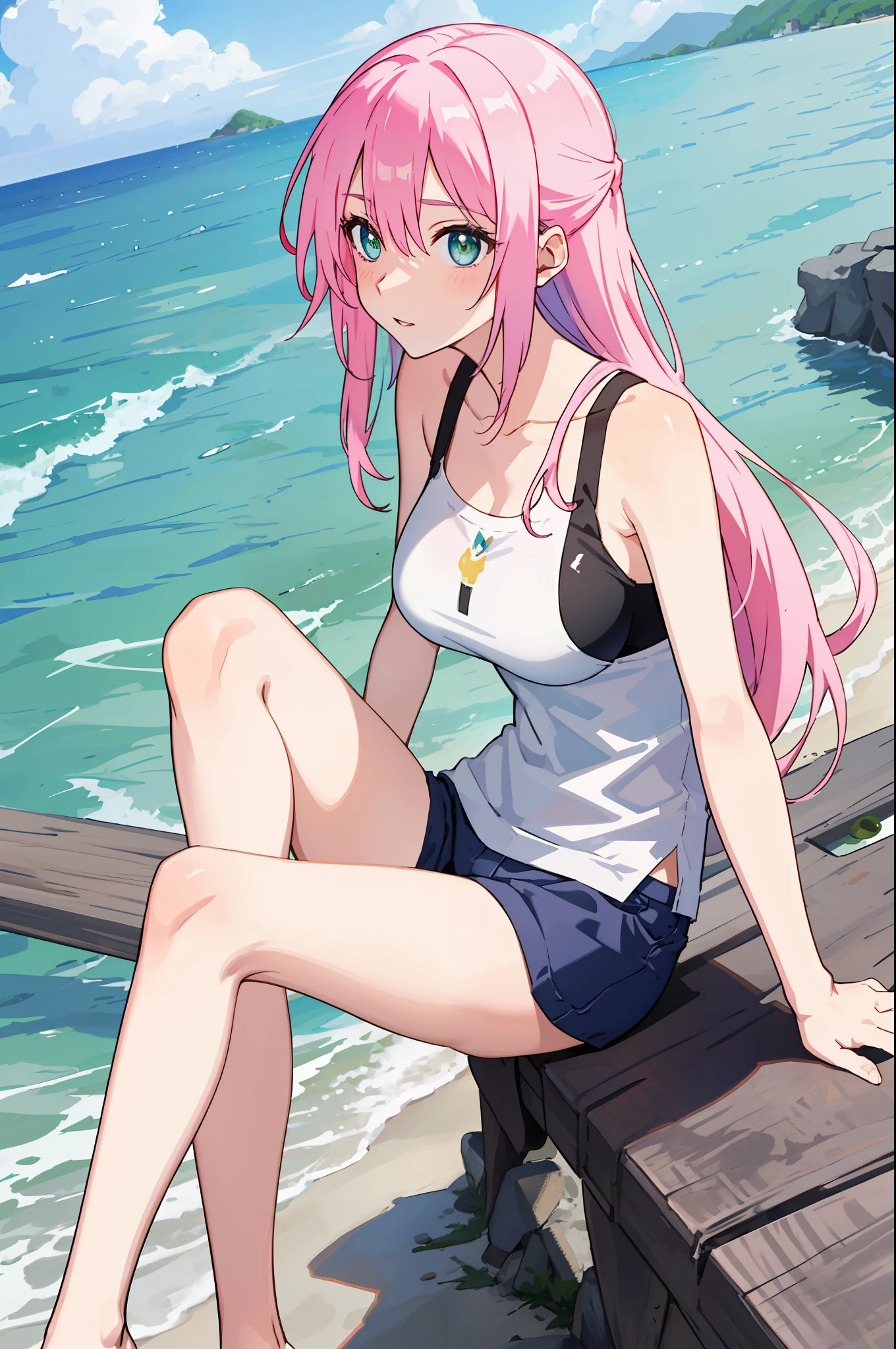 shikimori, medium breast, slim legs, sunny day, Beach, leaning, beautiful eyes, green eyes, nervous