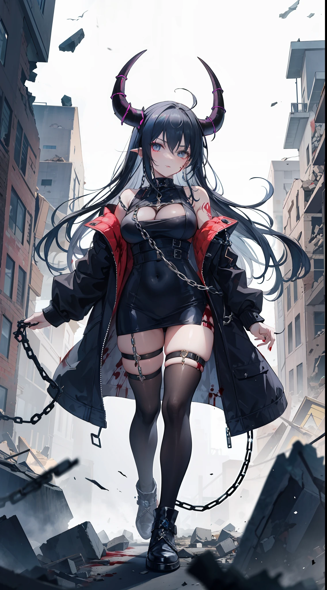 Within the flying rubble and rubble, there was a milf with dark blue long hair, her body in chains, having 2 black horns and thighs, and have many blood in her hand and her cloth, she wear black long jacket, she hava black tatto