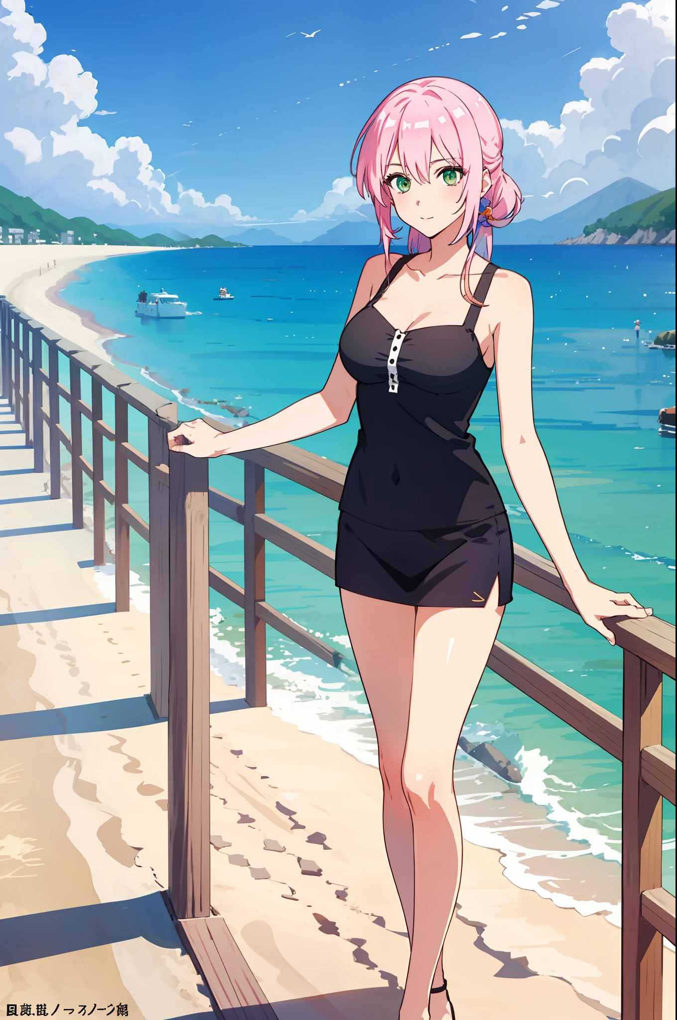 shikimori, medium breast, slim legs, sunny day, Beach, leaning, beautiful eyes, green eyes, nervous