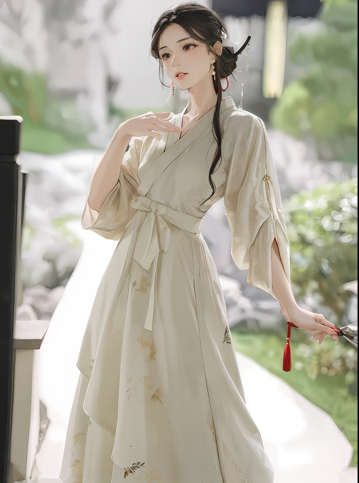 araffe woman in a white dress holding a red umbrella, white hanfu, hanfu, traditional chinese clothing, palace ， a girl in hanfu, wearing ancient chinese clothes, with acient chinese clothes, flowing magical robe, wearing a flowing dress, wearing simple robes, flowing robes, pale and coloured kimono, long beautiful flowing kimono, chinese dress