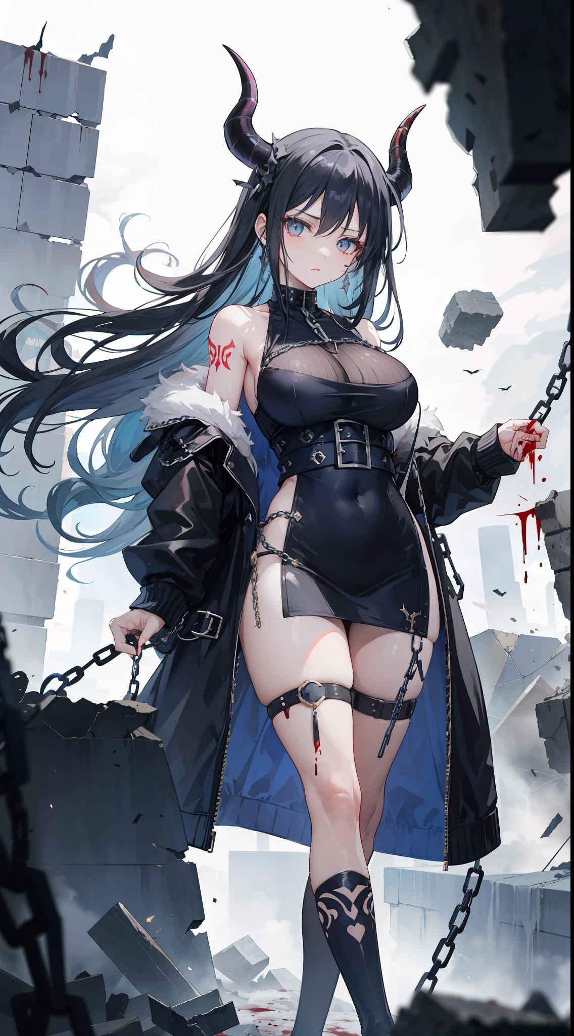 Within the flying rubble and rubble, there was a milf with dark blue long hair, her body in chains, having 2 black horns and thighs, and have many blood in her hand and her cloth, she wear black long jacket, she hava black tatto