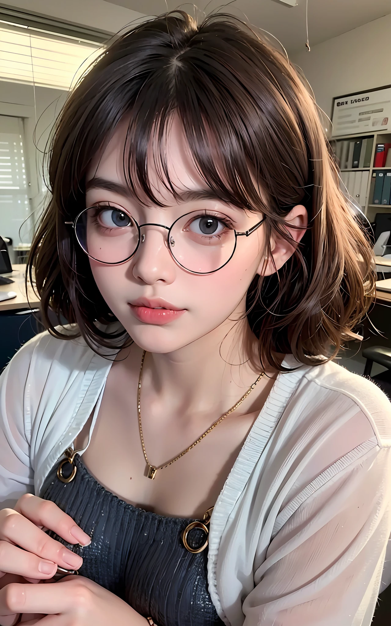 Top Quality, 8K, 4K, High Definition, Details Beautiful round glasses girl, dark hair girl, casual everyday wear, tomorrow light office, documents lined up, tea,