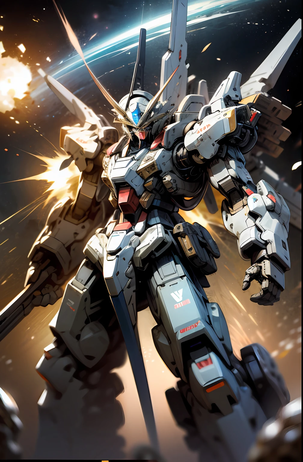 The highest quality and high saturation of the ultra-detailed 8K masterpiece. Robot, Gundam style, cool, strong, metal, lots of weapons, cannon, humanoid, grotesque, bewitching, high quality, space, highest quality, war, fierce, war, dramatic style, movie style, great power, explosion, large damage