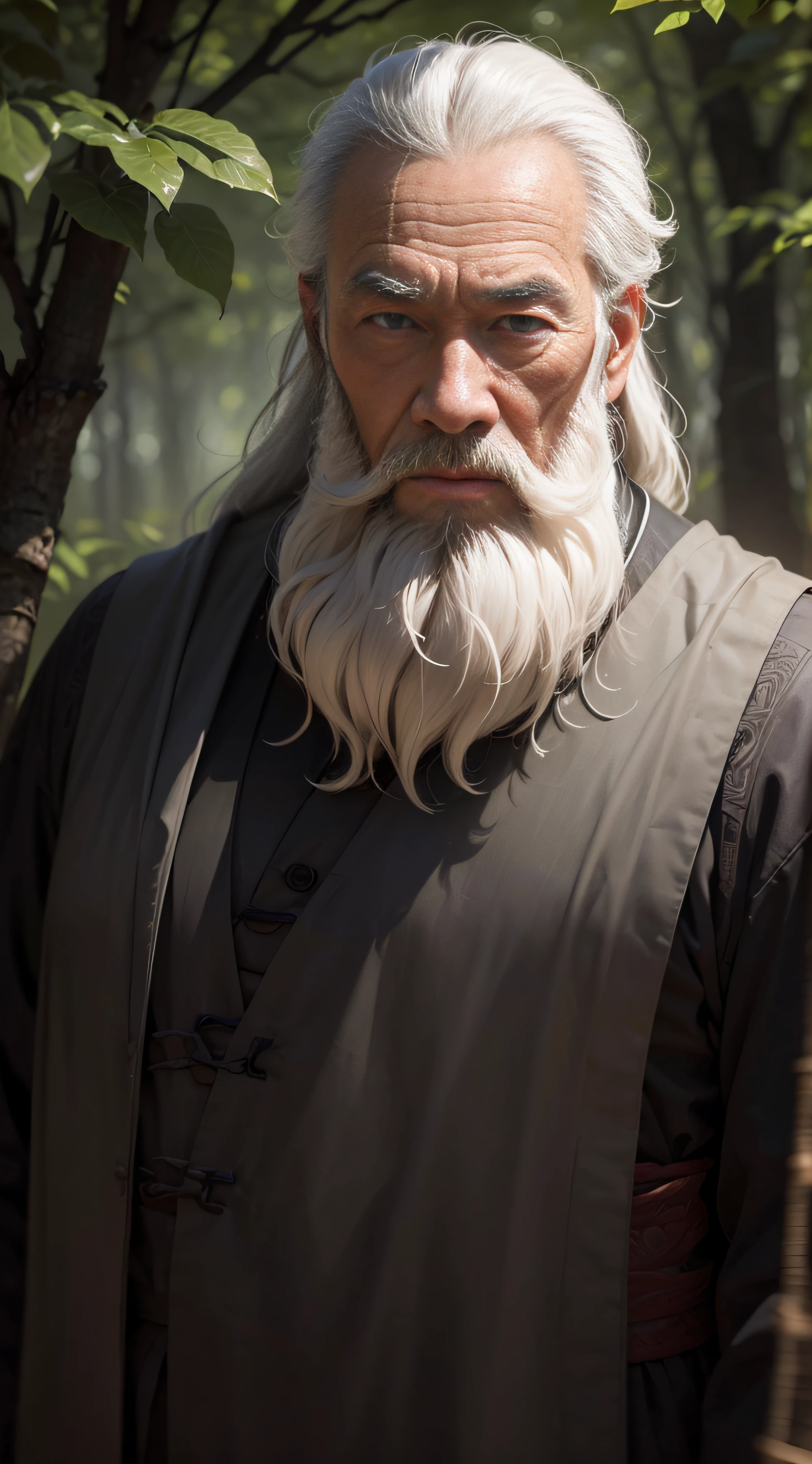 An ancient Chinese man full of wisdom, full of gray hair, long beard, thin and tall figure, kind eyes, wearing cloth, upper body, front shot, background is a blurred wood, the light is dark, in the evening, a third of the background is reserved on the head