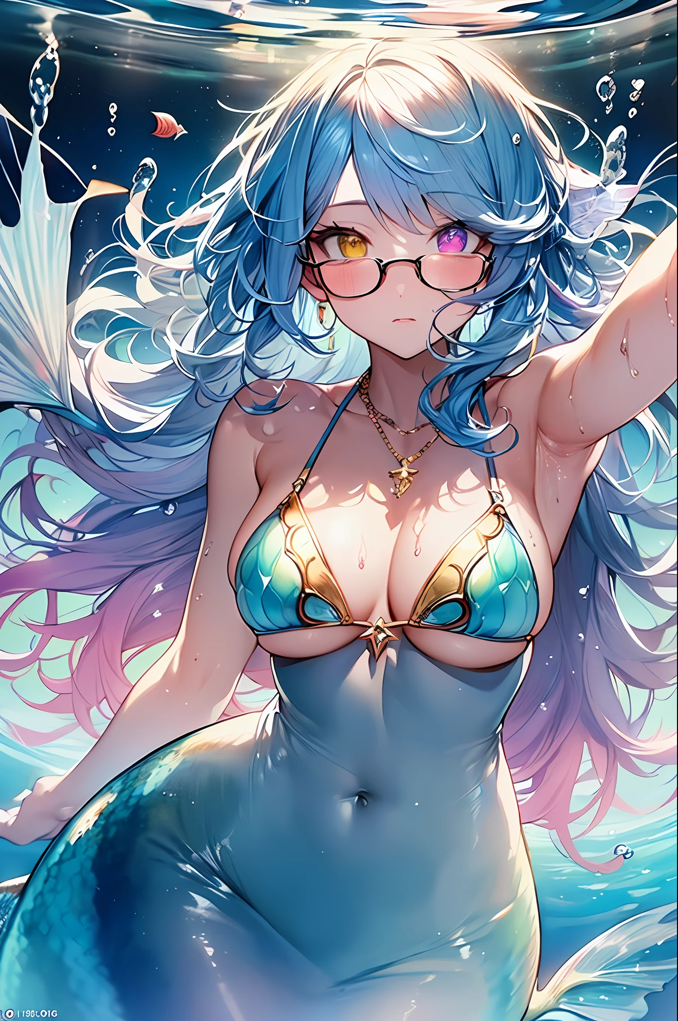 ((Masterpiece, Top Quality, Watercolor Art (Pendant), Official Art, Beautiful and Aesthetic: 1.2)), (Golden Ratio: 1.2), (Full Body: 1.2), (Ultra Detail: 1.3), (1 Girl: 1.3), (Fractal Art: 1.3), Full Body, (Glitter Pupil)), Pattern, (iridescent hair, colorful hair, half light blue and half pink hair: 1.2)), Colorful, writing, (Heterochromia), (Colorful: 1.5), ((Swimsuit)), (((Shy face)), ((Micro bikini)), (Standing Figure), (Hyper Detail), (Delicate Detail)), (Complex Detail), ((Cinematic Light, Top Quality Backlight)), High Contrast, ((Best Lighting, Very Delicate and Beautiful)), ((Cinematic Light)), (Ray-Traced Reflection, Shine) (Glowing Aura)), ((Glowing Aura)), ((Glowing Hair)), ((Super Detail)), (((8K)), ((Close Up)), Delicate Beautiful Face and Eyes,Focus on Face, Deep Sea Background,Masterpiece,Detailed Splashing Water, Beautiful Details Water, Shock Sensation, (Real: 0.5), Original 2 High Saturation, (Surrounded by dots with colorful splashes), Colorful bubbles, Glasses, (((Mermaid))