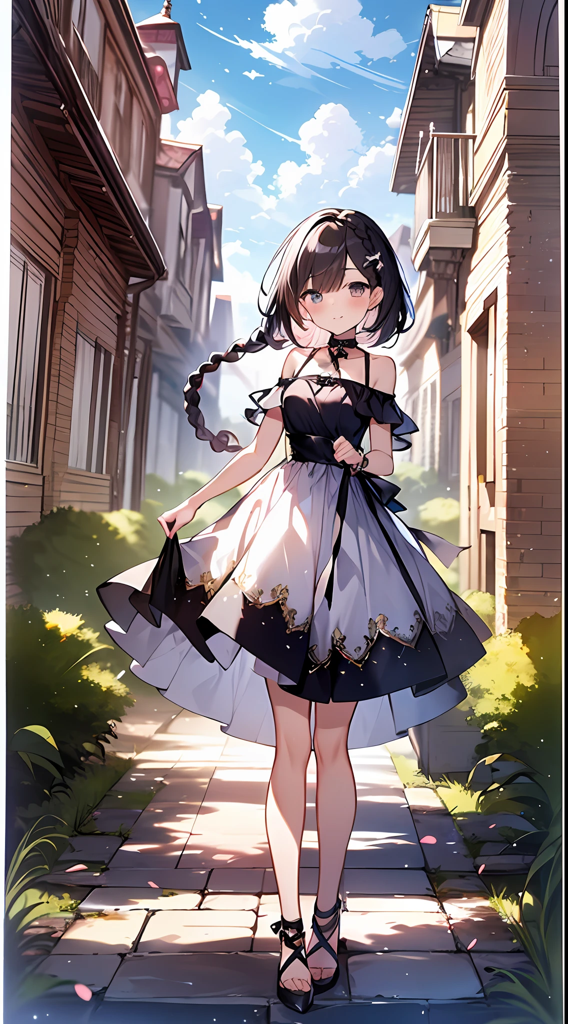 (incredibly absurdres absolutely resolution: 1.5), highest quality, masterpiece, ultra high resolution, 8k, (multiple girls), (gorgeous dresses with many gorgeous and colorful decorations) BREAK shoujo manga style, (loli), soft line drawing, digital enhancement, shojo manga touch, environmental change scenes, shojo manga core, ( Hair length to the shoulders))), (((short braid))), ancient capital of the West, full body visible angle, entangle, beautiful and aesthetic: 1.5, High quality: 1.3