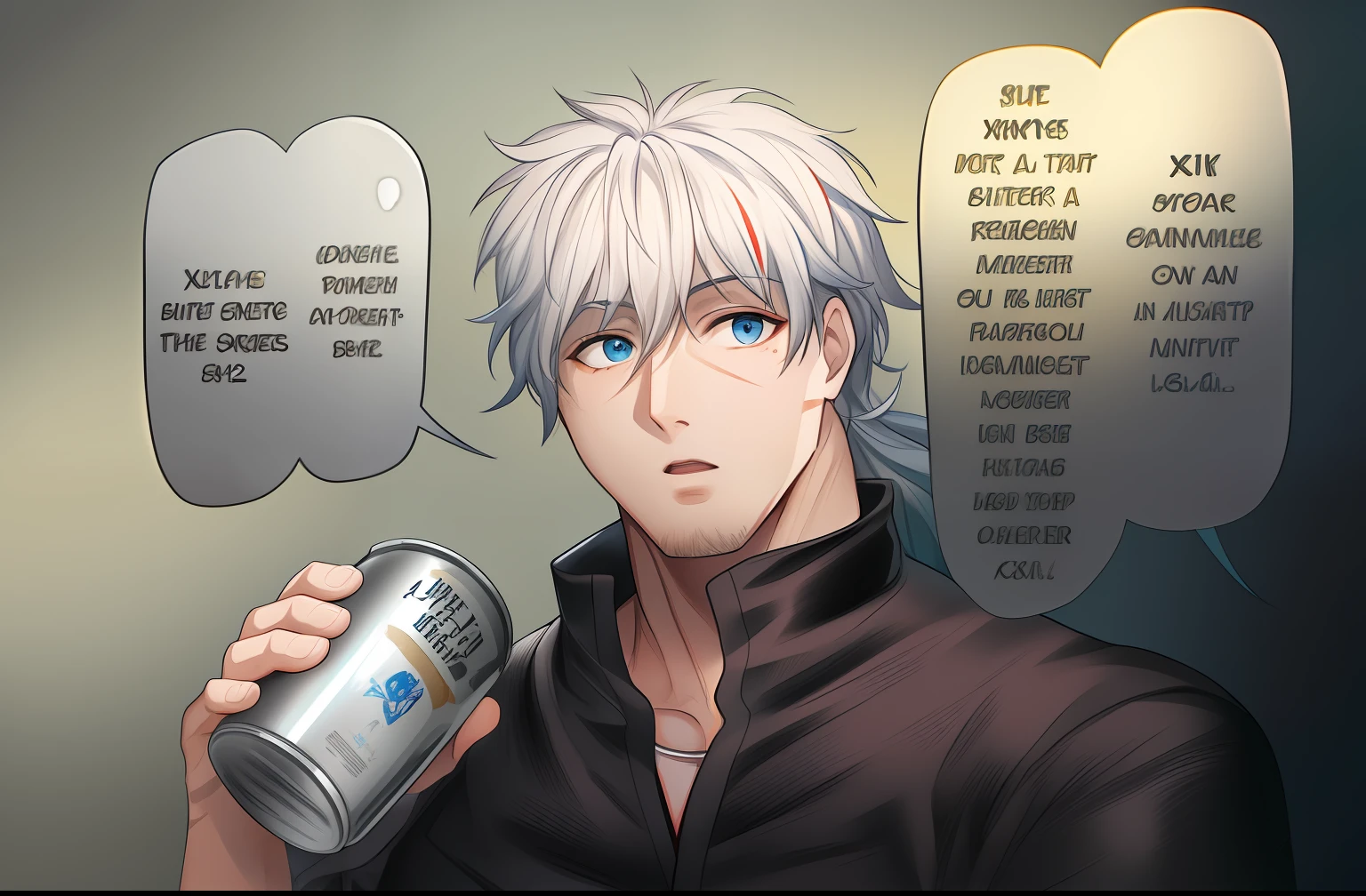 Man with a can of beer in his hand, white hair, blue eyes, black clothes, masterpiece, best quality, ultra detailed, illustration, disheveled hair (highly detailed skin: 1.2), (skin texture), (pores of skin), 8k uhd, dslr, soft lighting, high quality, film grain, Fujifilm XT3