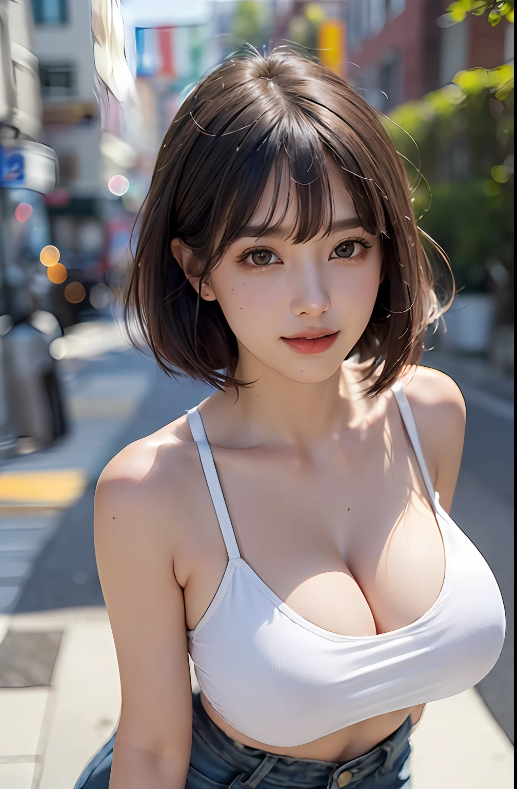 Masterpiece, top quality, ultra high resolution, (photorealistic photo: 1.4), ((1 girl, white fair skin: 1.4, looking up at the viewer, 19 years old, pretty, cute, black hair, bob_cut, short hair with bangs, big breasts)), 1 girl with a perfect figure, tank top: 1.2 in random colors, short jeans, urban night view, champagne, big, exposed cleavage, (smile, happiness, joy, Cheerful, close your mouth), (breasts tucked between your arms), high detailed eyes, long neck, (short hair with bangs)))), eyelashes, big eyes, (((very beautiful, very beautiful)), (((natural light, put out your ears, stare at the viewer, seduce the viewer, huge, highlight in the eyes)))