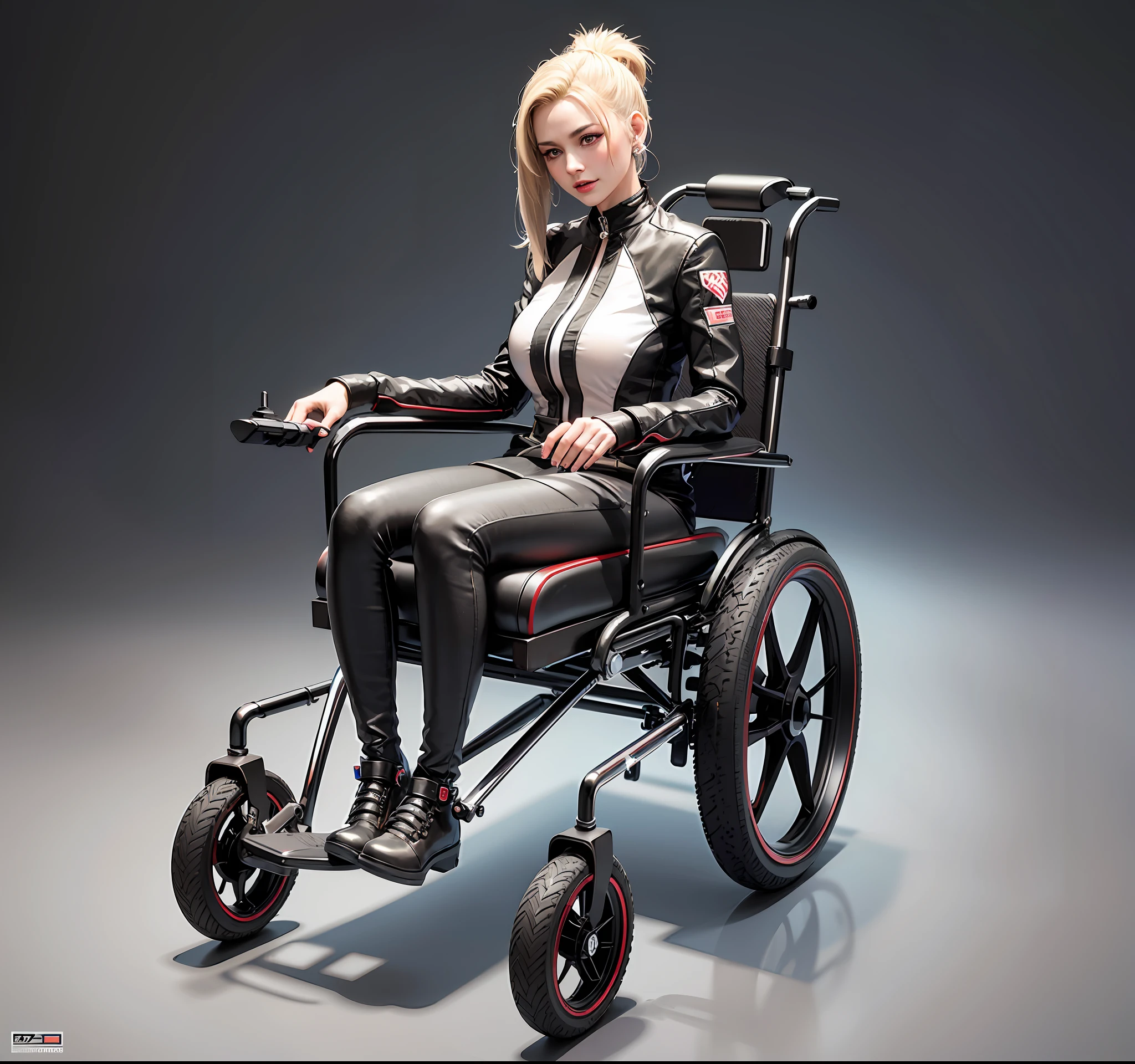 There is a futuristic wheelchair with big wheels at the rear, futuristic senior wheelchair, futuristic vehicle, futuristic wheelchair, mechanical wheelchair, cyber steampunk 8 K 3 d, loop 3 d rendering, futuristic product car shot, dystopian sci-fi gadget, futuristic chrome car, futuristic suzuki, steampunk wheelchair, futuristic concept design, hd panorama