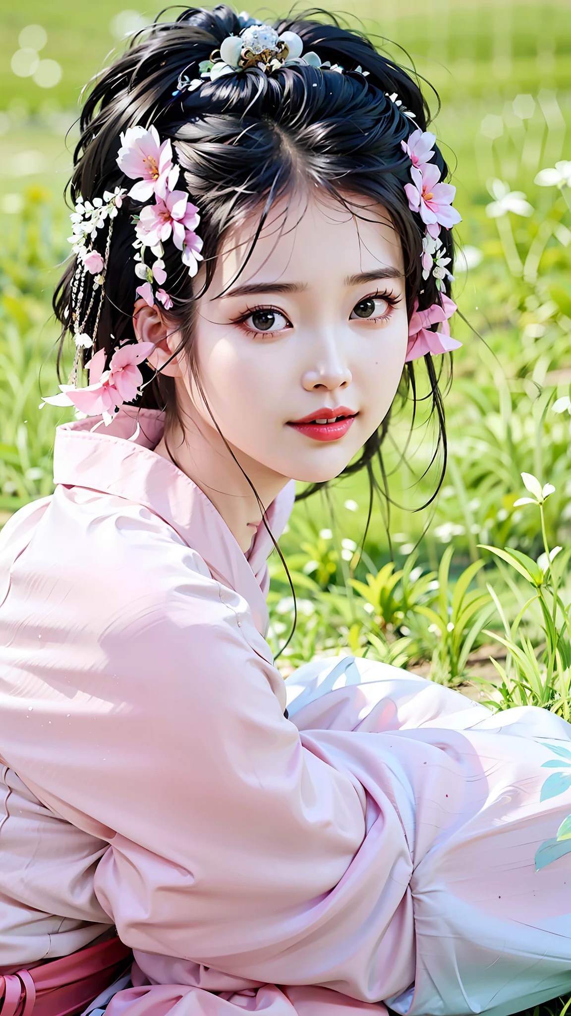 a close up of a woman in a pink dress sitting on a grass field, palace , a girl in hanfu, chinese princess, ancient chinese princess, chinese girl, chinese style, ancient chinese beauties, traditional beauty, traditional chinese, hanfu, chinese woman, beautiful maiden, lovely delicate face, a beautiful fantasy empress, white hanfu, ethereal beauty, beautiful delicate face