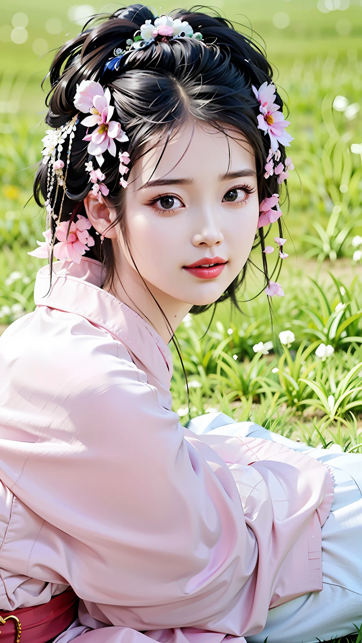 a close up of a woman in a pink dress sitting on a grass field, palace , a girl in hanfu, chinese princess, ancient chinese princess, chinese girl, chinese style, ancient chinese beauties, traditional beauty, traditional chinese, hanfu, chinese woman, beautiful maiden, lovely delicate face, a beautiful fantasy empress, white hanfu, ethereal beauty, beautiful delicate face