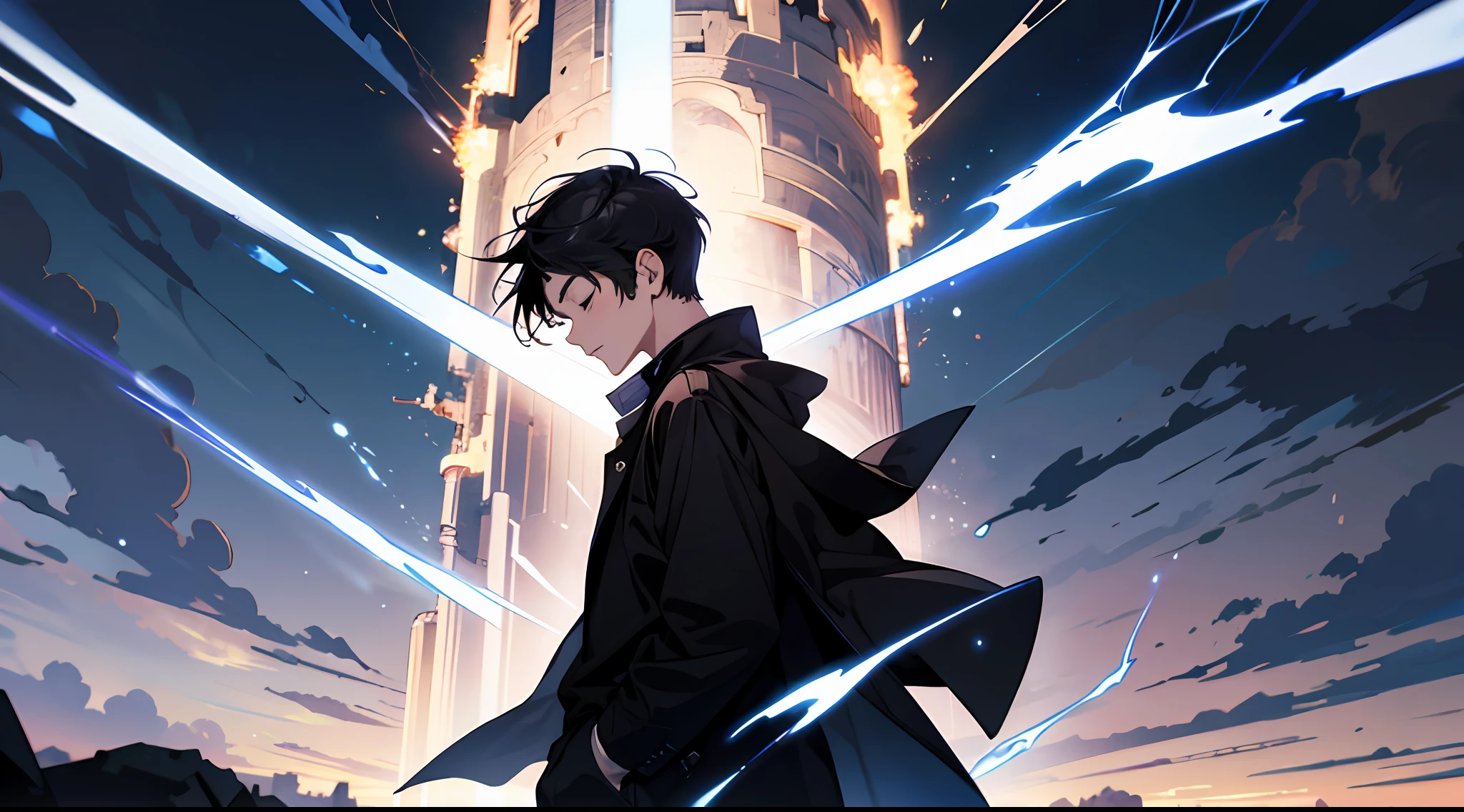 (Absurd, High Resolution), 16k, (Panorama), Little Boy, Teenager, Closed Eyes, Short Hair, Black Hair, Black Coat, White Underwear, Extreme Detail, Lightning, Magic, Magic Array, Exaggerated Light, Shine, Magic, Floating, Dusk