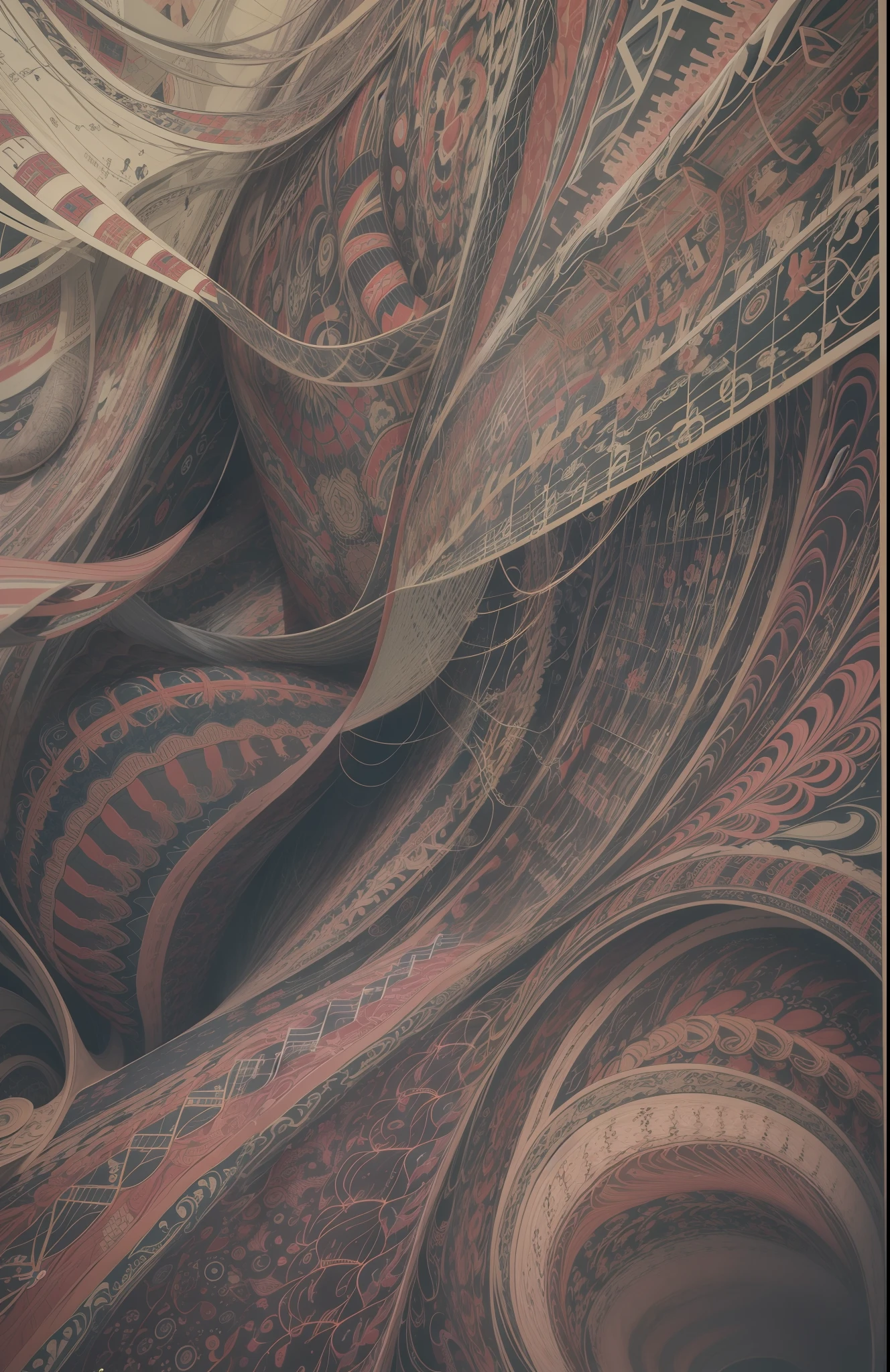 official art, unity 8k wallpaper, ultra detailed, beautiful and aesthetic, masterpiece, best quality, (zentangle, mandala, tangle, entangle), (fractal art:1.3) , 1girl, extremely detailed, dynamic angle, cowboyshot, the most beautiful form of chaos, elegant, a brutalist designed, vivid colours, romanticism, atmospheric, ecstasy of musical notes, streaming musical notes visible